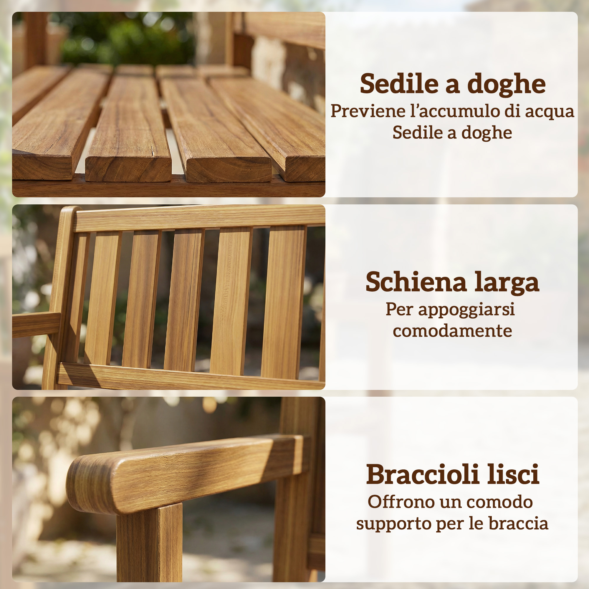Panca in legno con sedile a doghe, schienale largo e braccioli lisci.