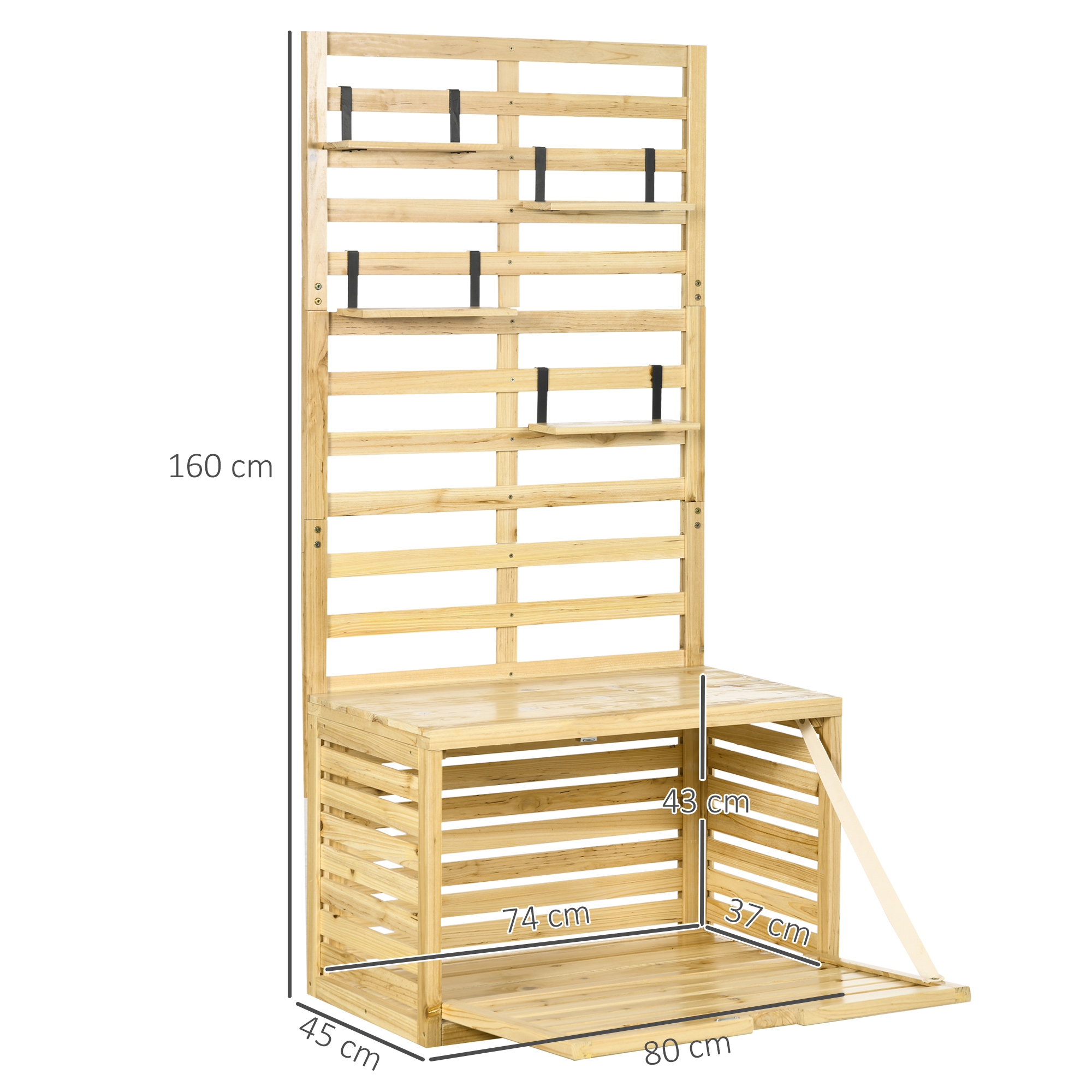 Scaffale in legno con tavolo pieghevole, dimensioni 160x80x45cm.