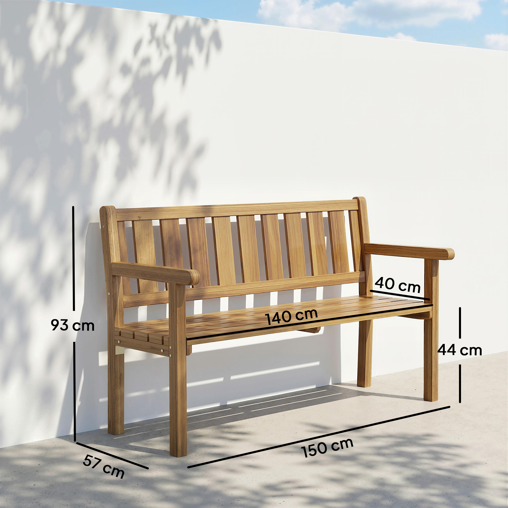 Panchina in legno con dimensioni: 150cm L, 93cm A, 57cm P, 44cm A seduta, 40cm P seduta.