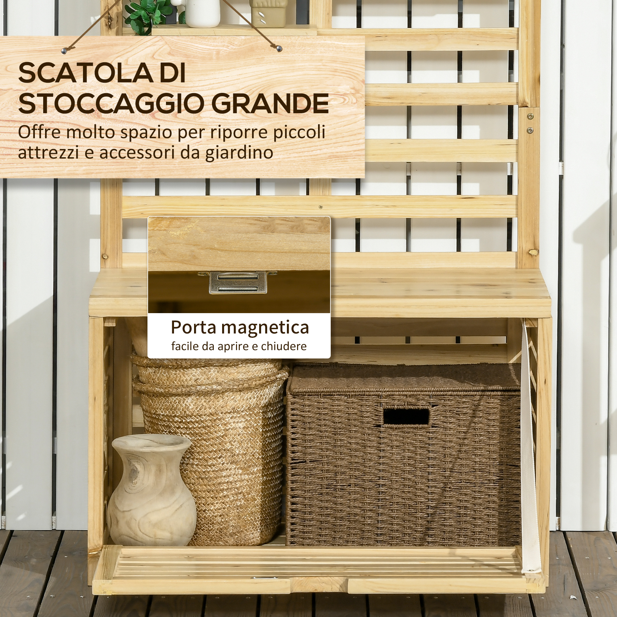 Grande scatola di stoccaggio in legno con due cesti e un vaso.