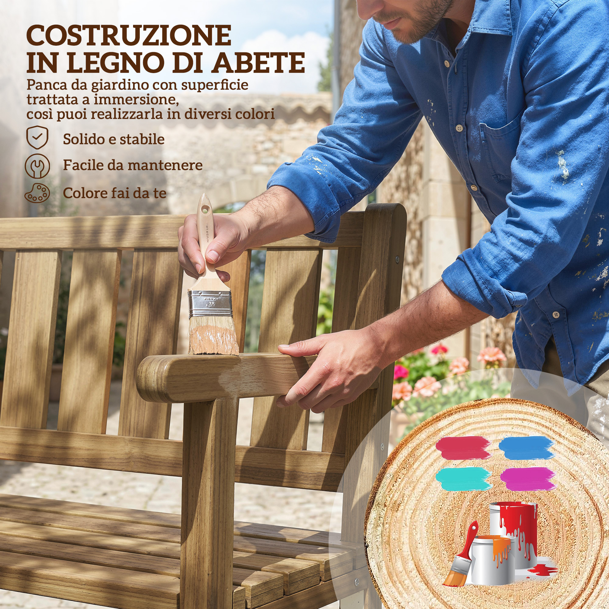 Un uomo dipinge una panca di legno con un pennello. Campioni di colore e barattoli visibili.