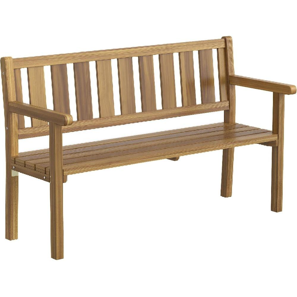 Una panchina da giardino in legno con braccioli e schienale a doghe.