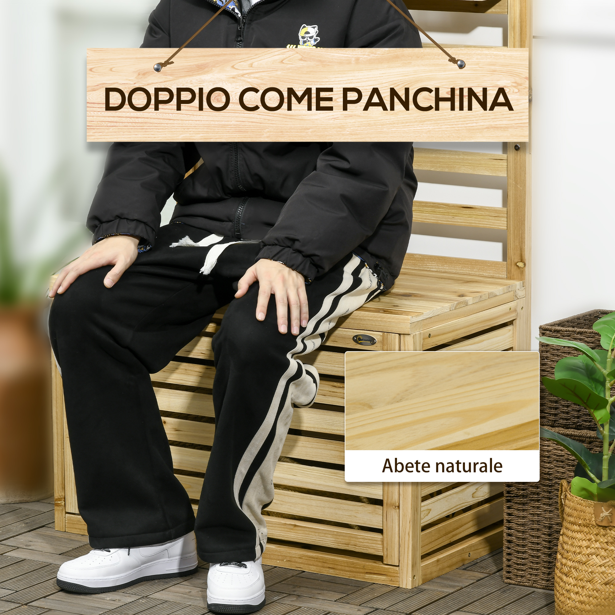 Panca in legno con scritta "DOPPIO COME PANCHINA" e dettaglio venature.