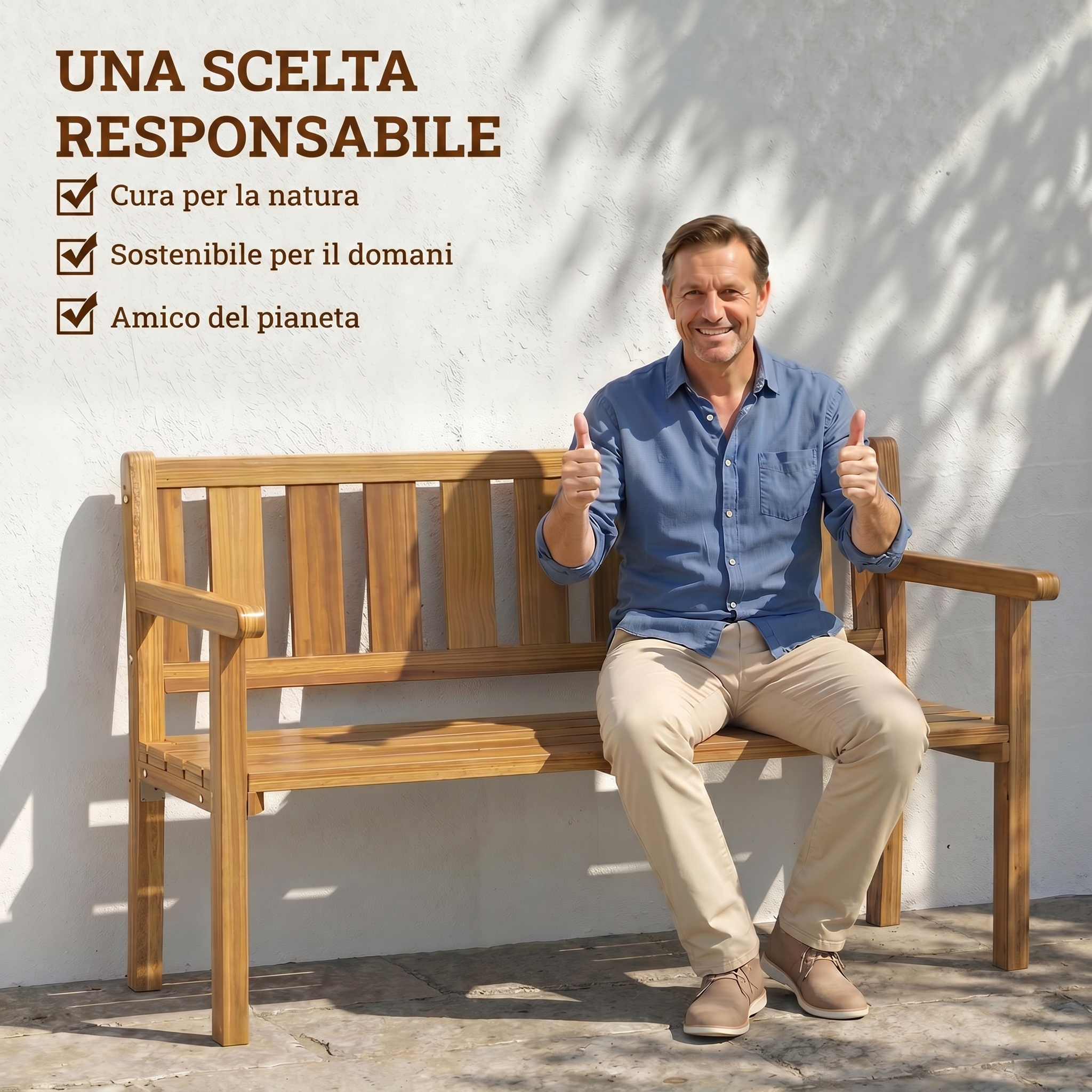 Uomo seduto su panca di legno, pollice in su, muro bianco.