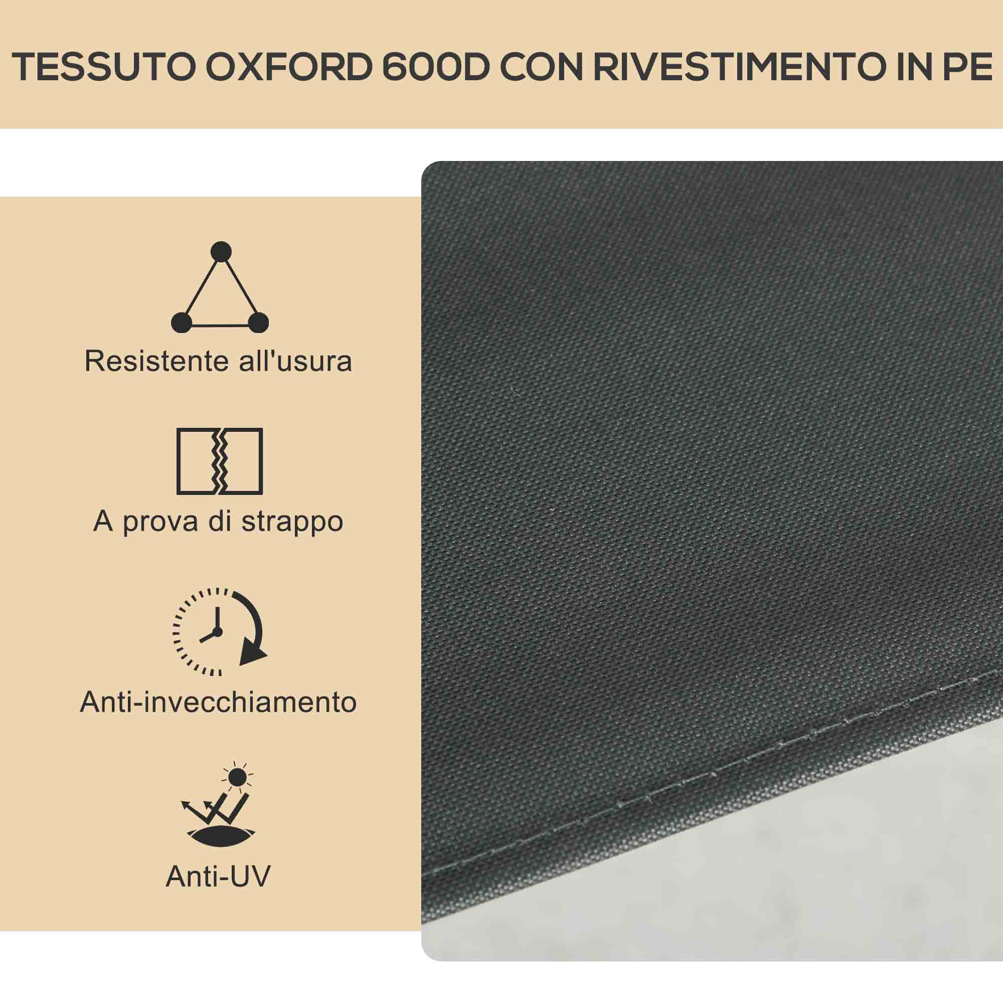 Tessuto Oxford 600D scuro con rivestimento in PE, resistente all'usura, anti-strappo, anti-invecchiamento, anti-UV.