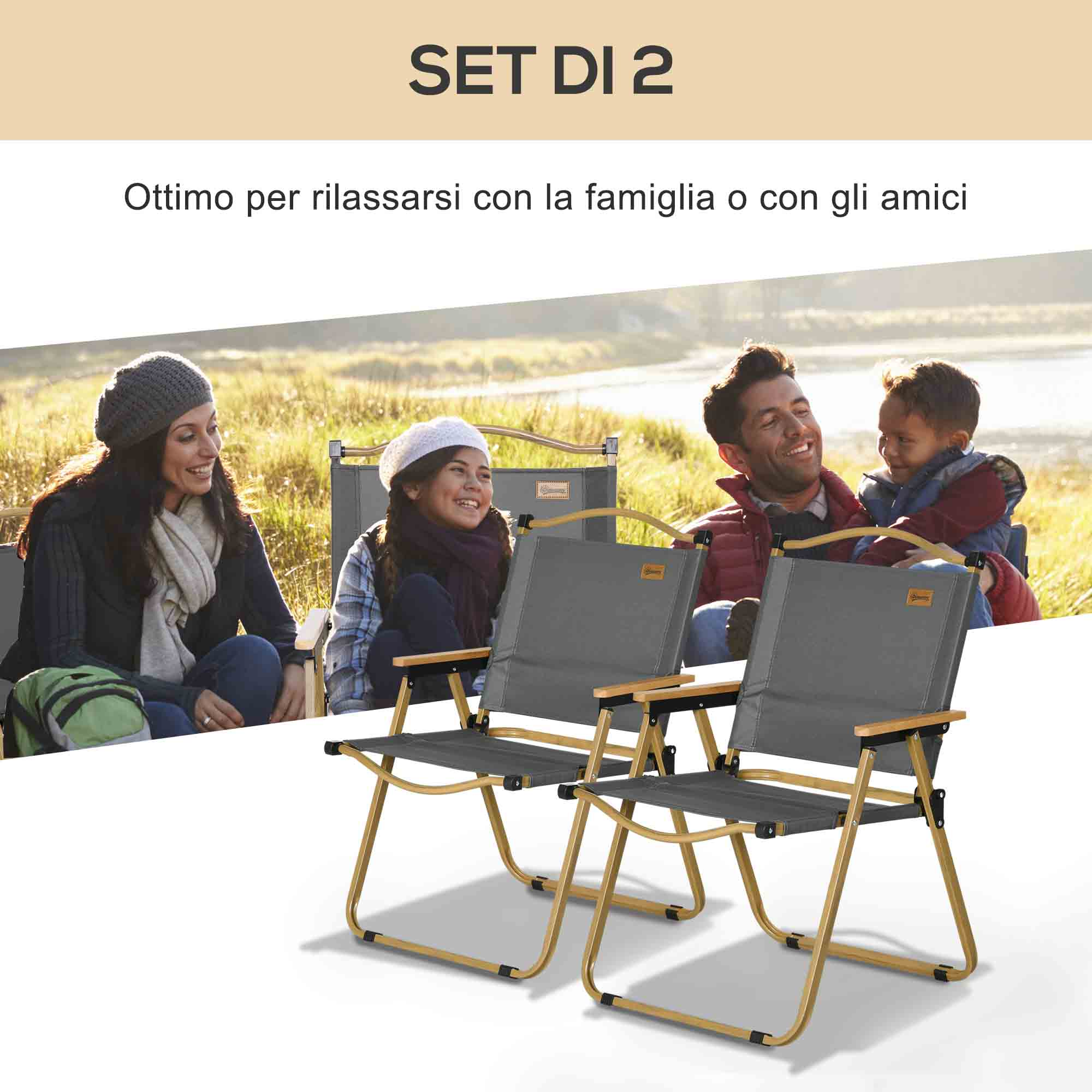 Due sedie da campeggio grigie con braccioli in legno all'aperto.