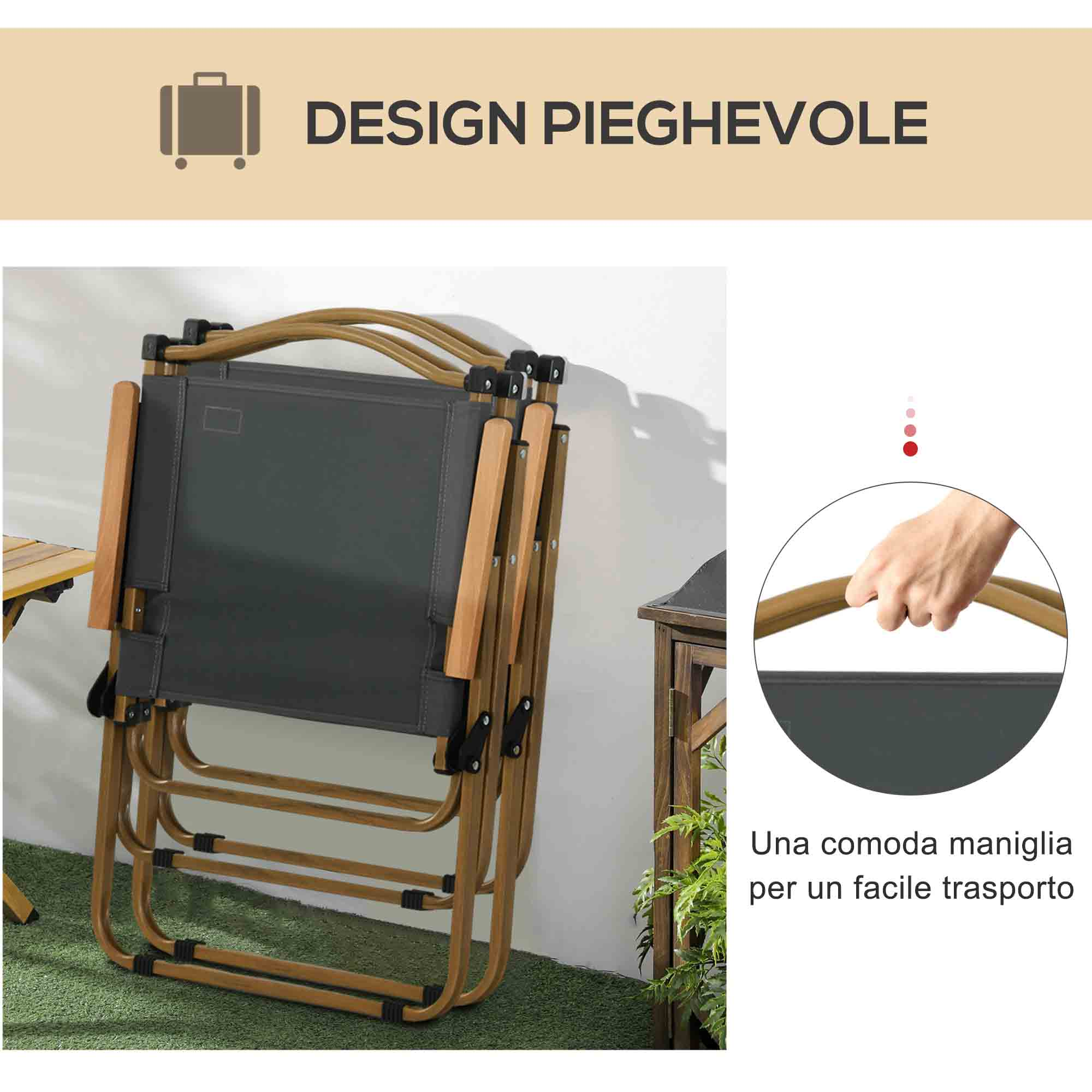 Una sedia piegata con struttura in legno e tessuto scuro. Una mano tiene il manico.