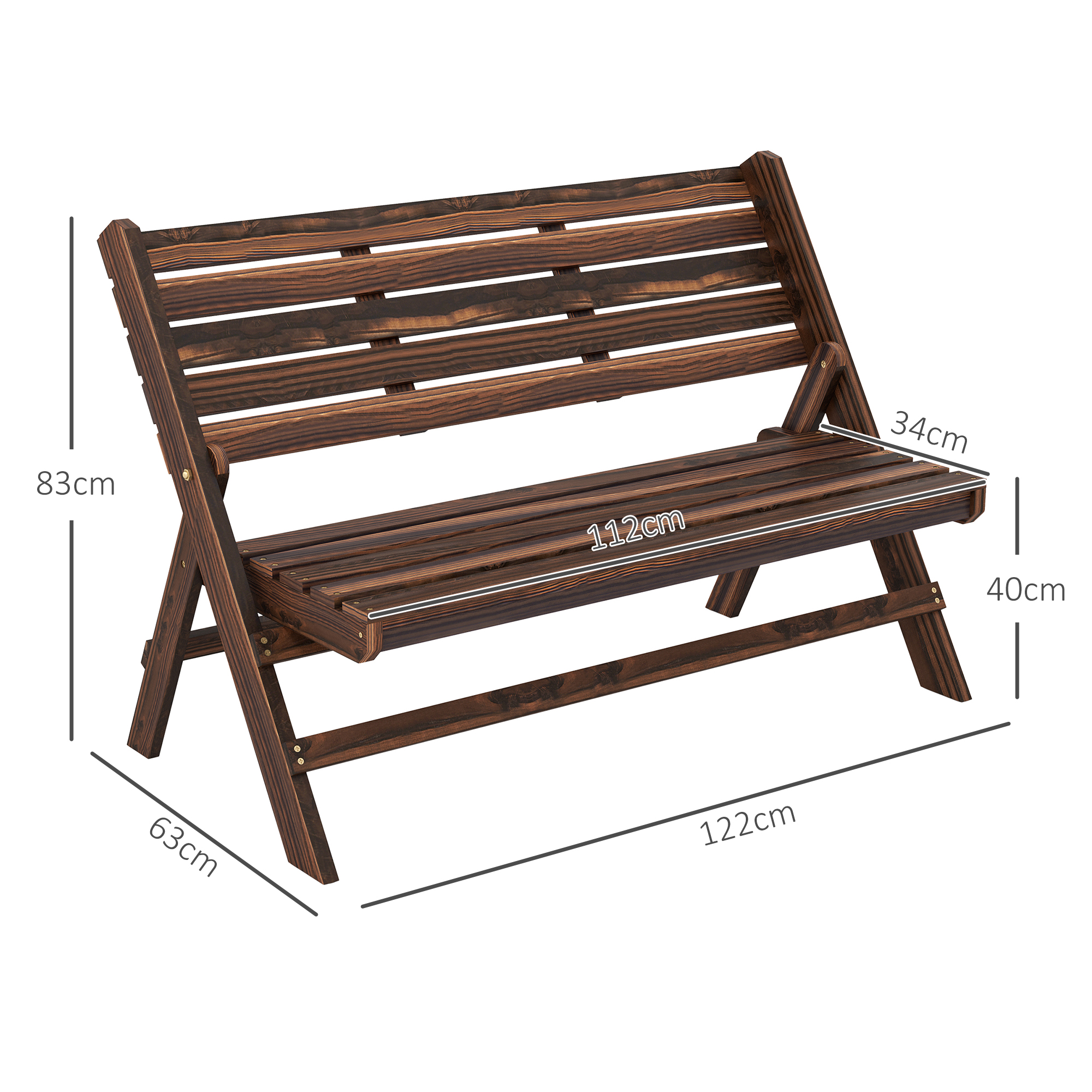 Panca in legno marrone con dimensioni: 83cm altezza, 112cm lunghezza, 40cm profondità.