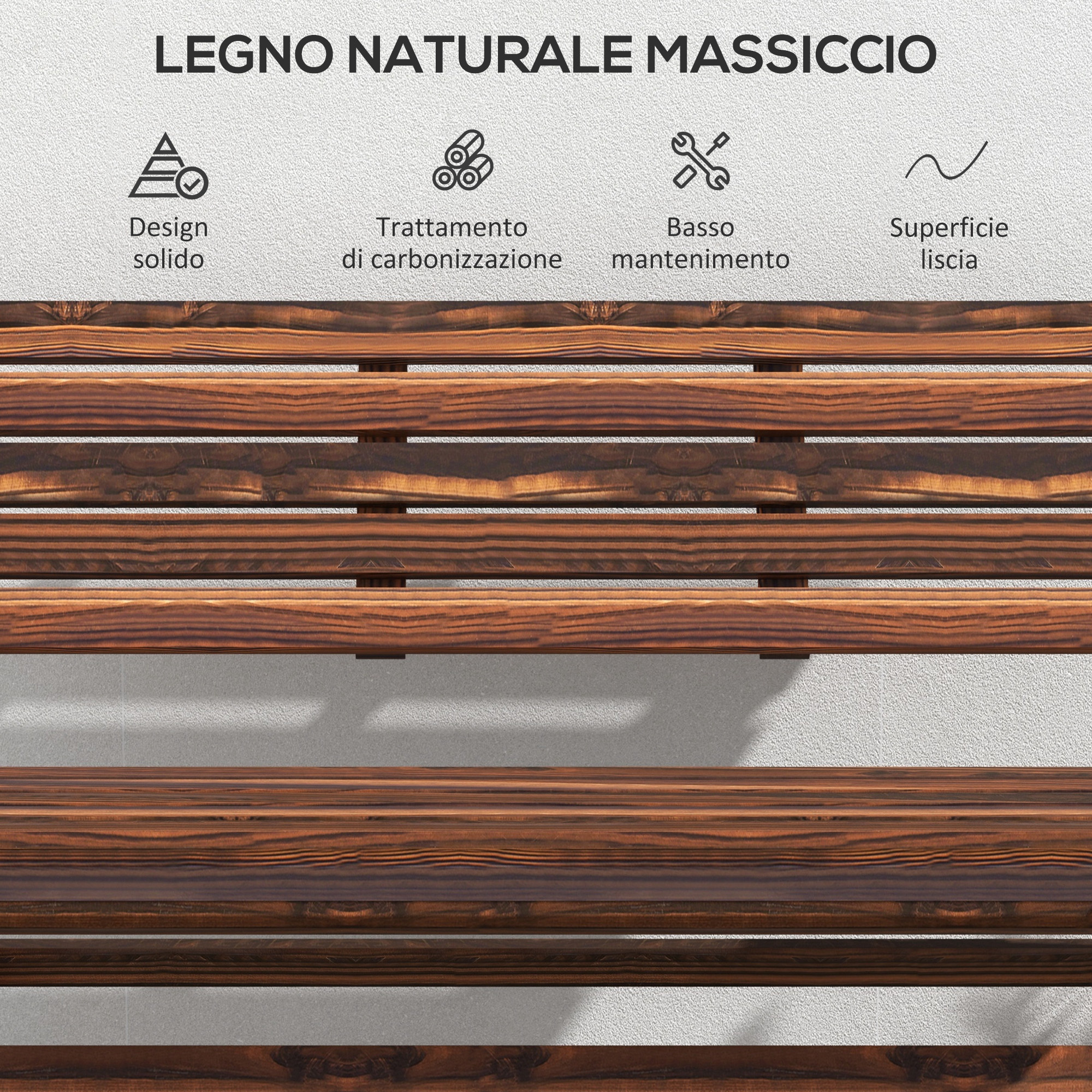 Panca in legno a quattro doghe con parete testurizzata bianca.