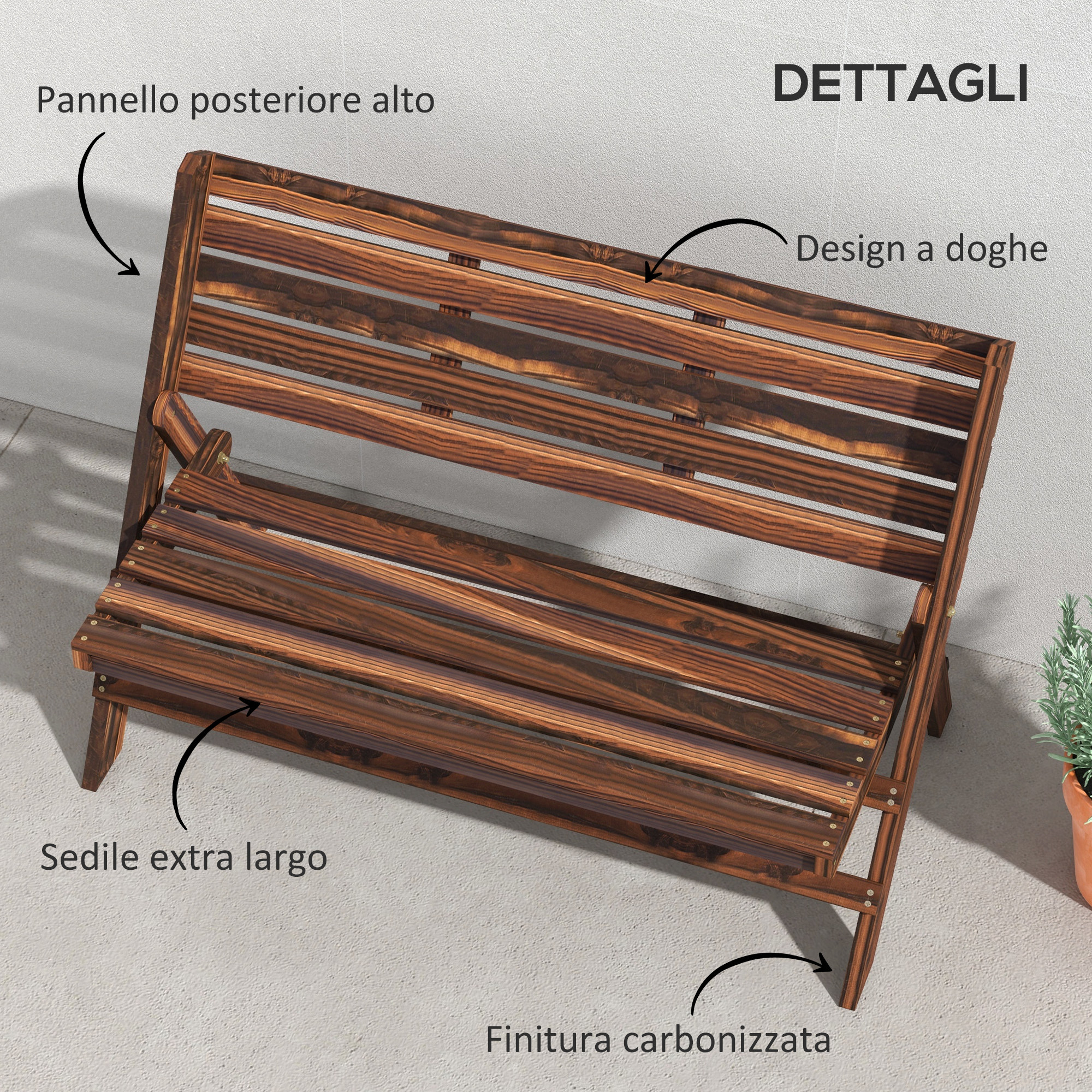 Panca in legno marrone scuro con design a doghe e finitura carbonizzata.