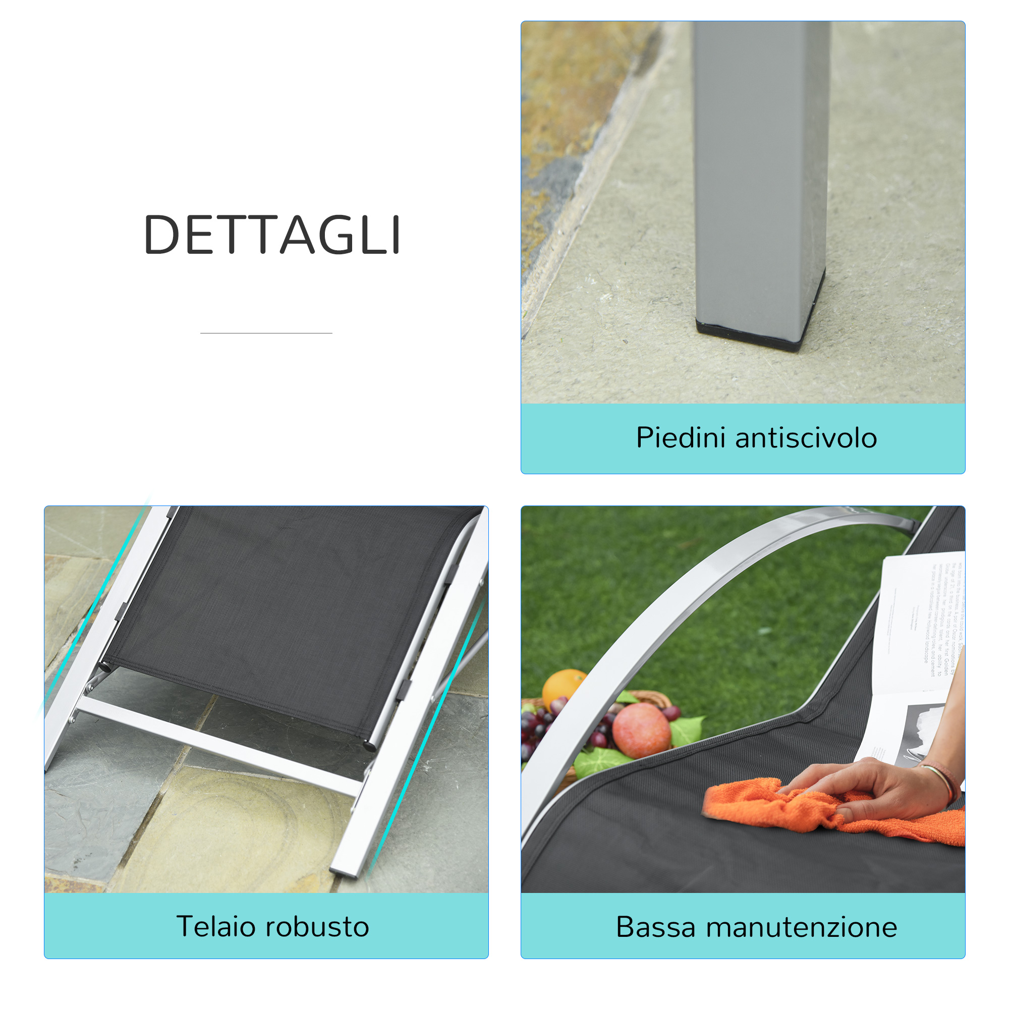 Dettagli: piedini antiscivolo, telaio robusto, bassa manutenzione.