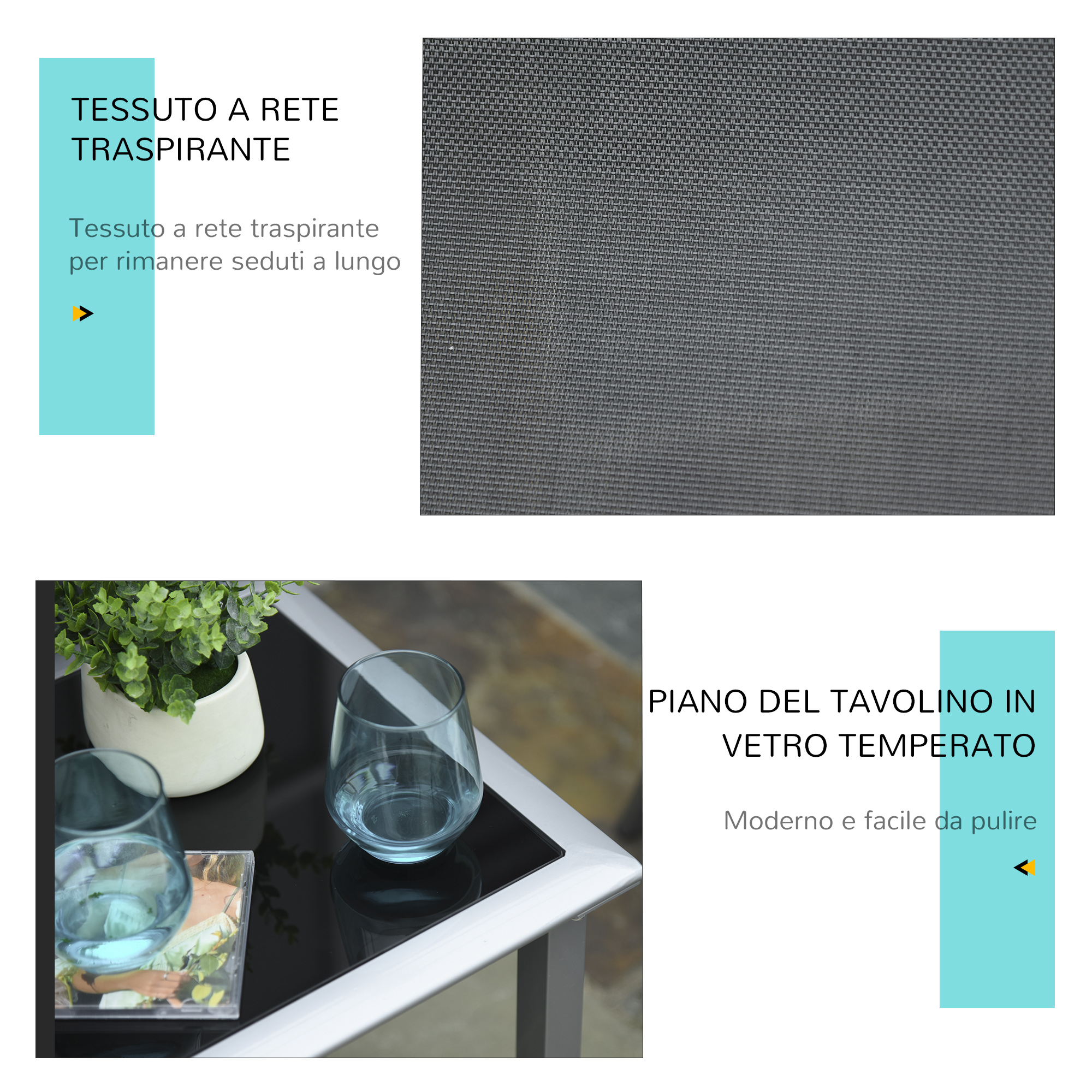 Tessuto a rete grigio e tavolo con bicchieri e pianta.