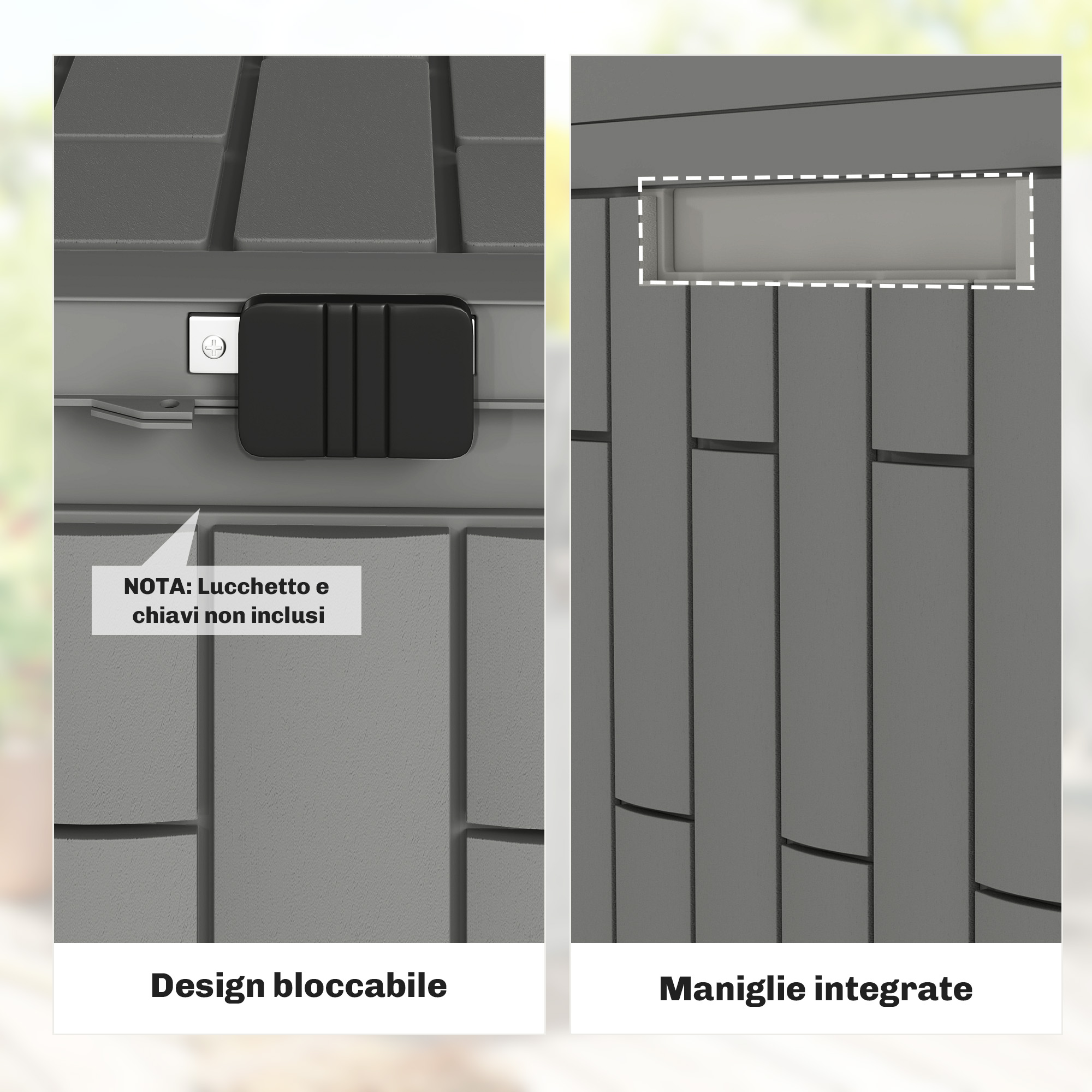Mobile contenitore grigio con design chiudibile e maniglie integrate.