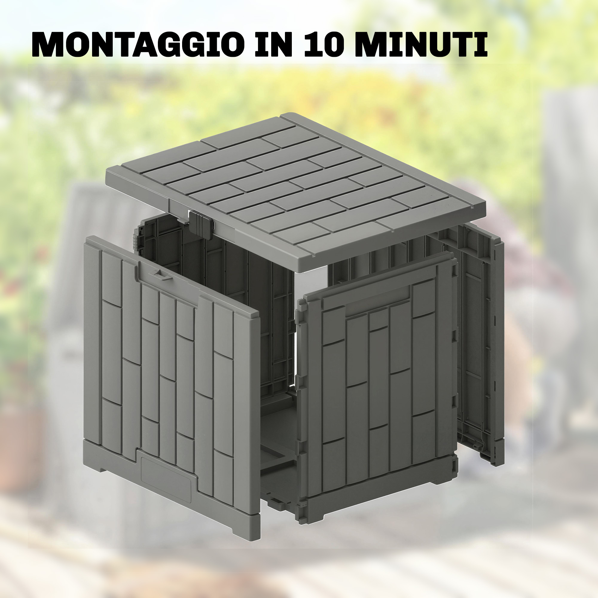 Mobiletto in plastica grigia smontato, con tetto e ante incernierate.