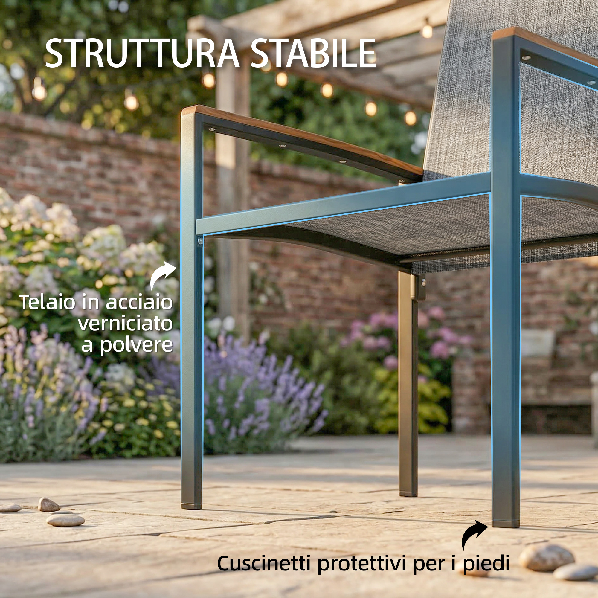 Una sedia da giardino grigia con braccioli in legno su un patio.