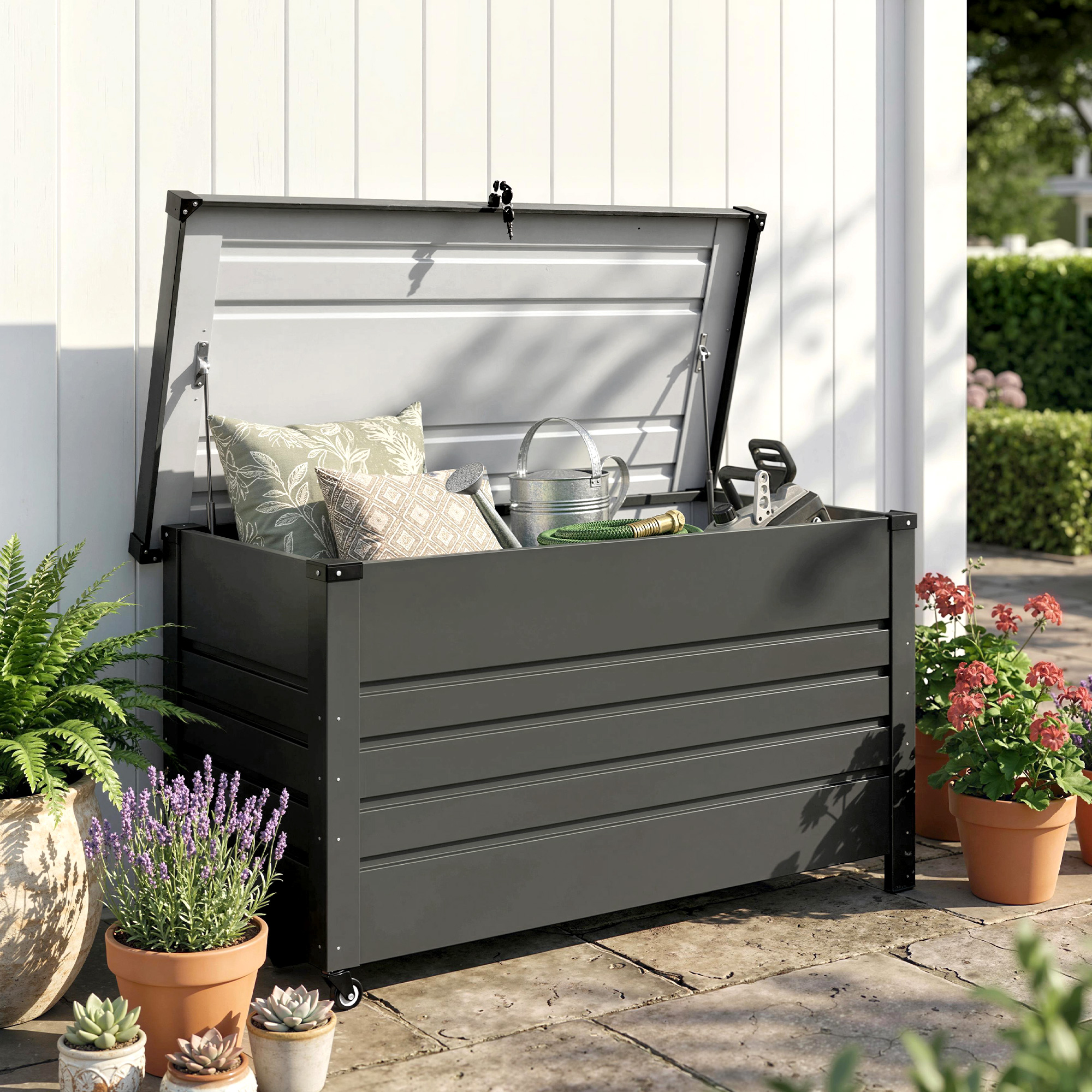 Un contenitore da giardino grigio con il coperchio aperto, pieno di cuscini e attrezzi.