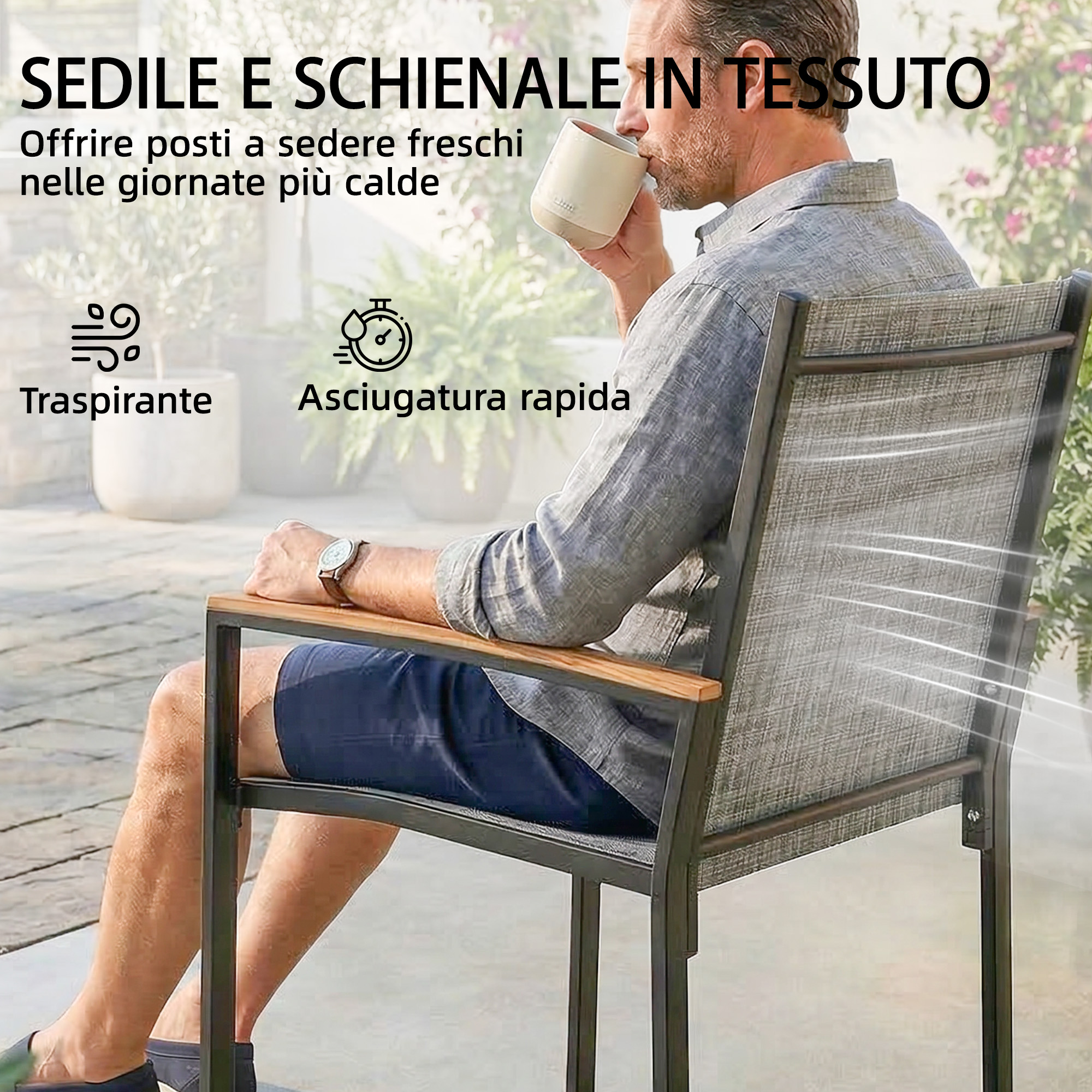 Uomo beve da tazza seduto su sedia in tessuto all'aperto.