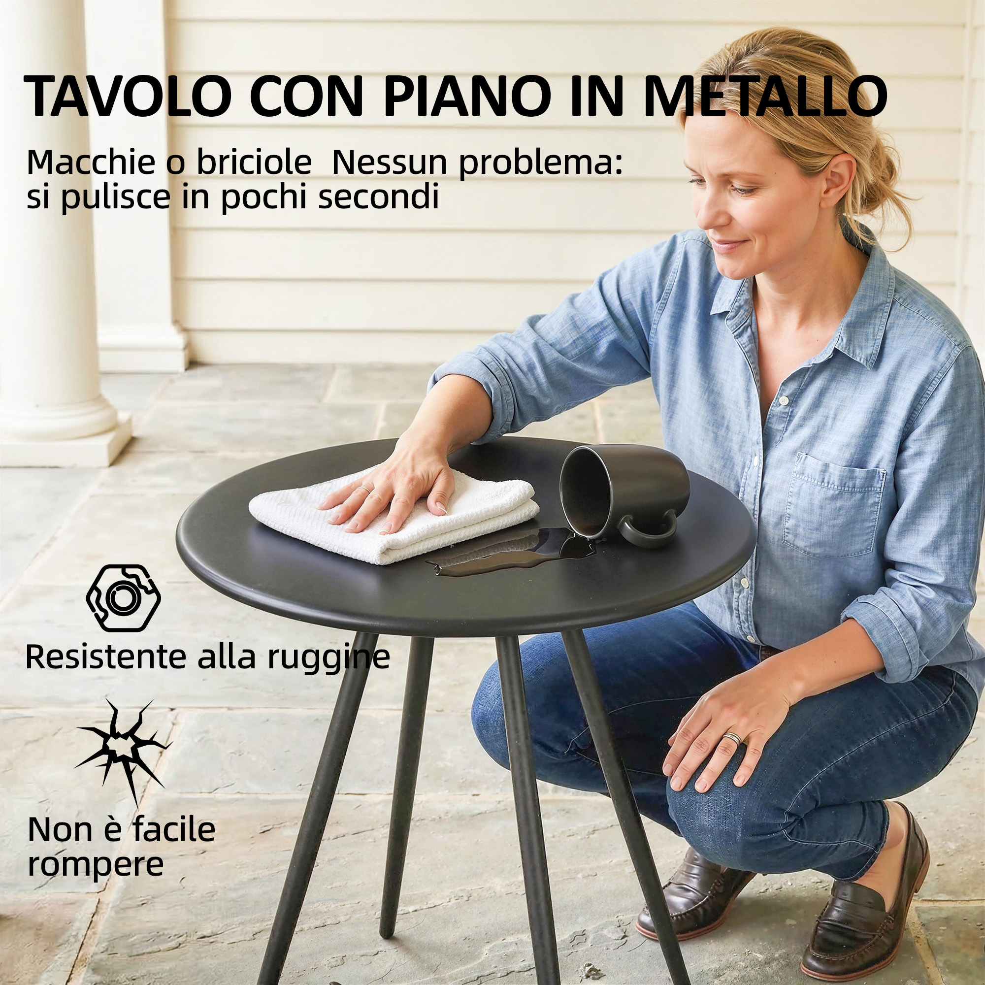Donna pulisce liquido versato da tavolo rotondo in metallo. Antiruggine.