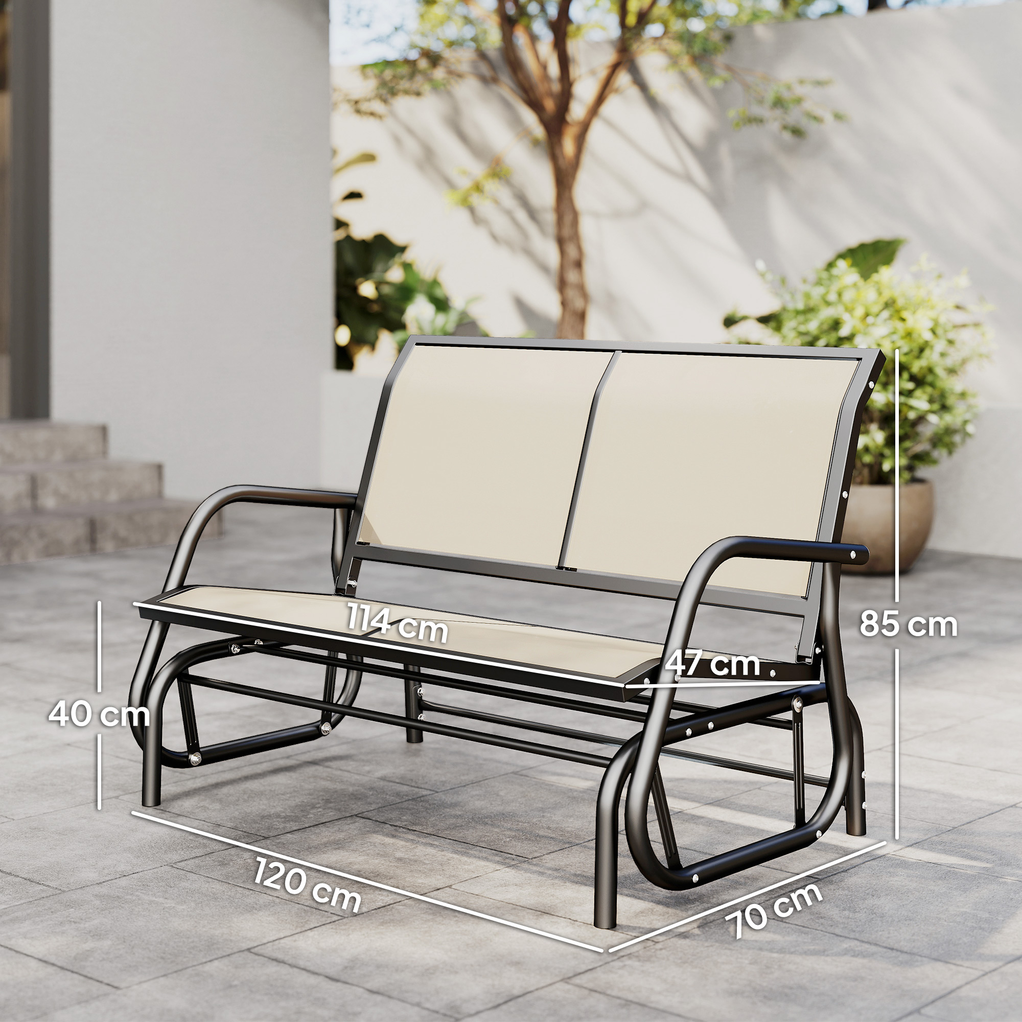 Panca da giardino con seduta e schienale beige, struttura in metallo nero.