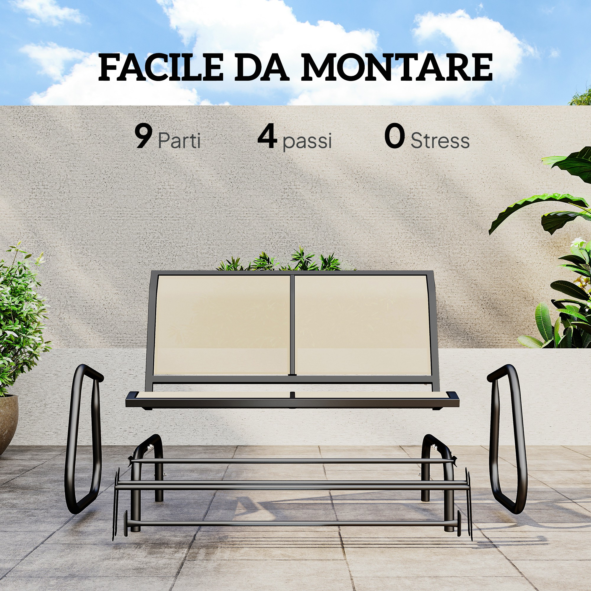 Un mobile da giardino smontato con telaio in metallo nero e seduta beige chiaro.