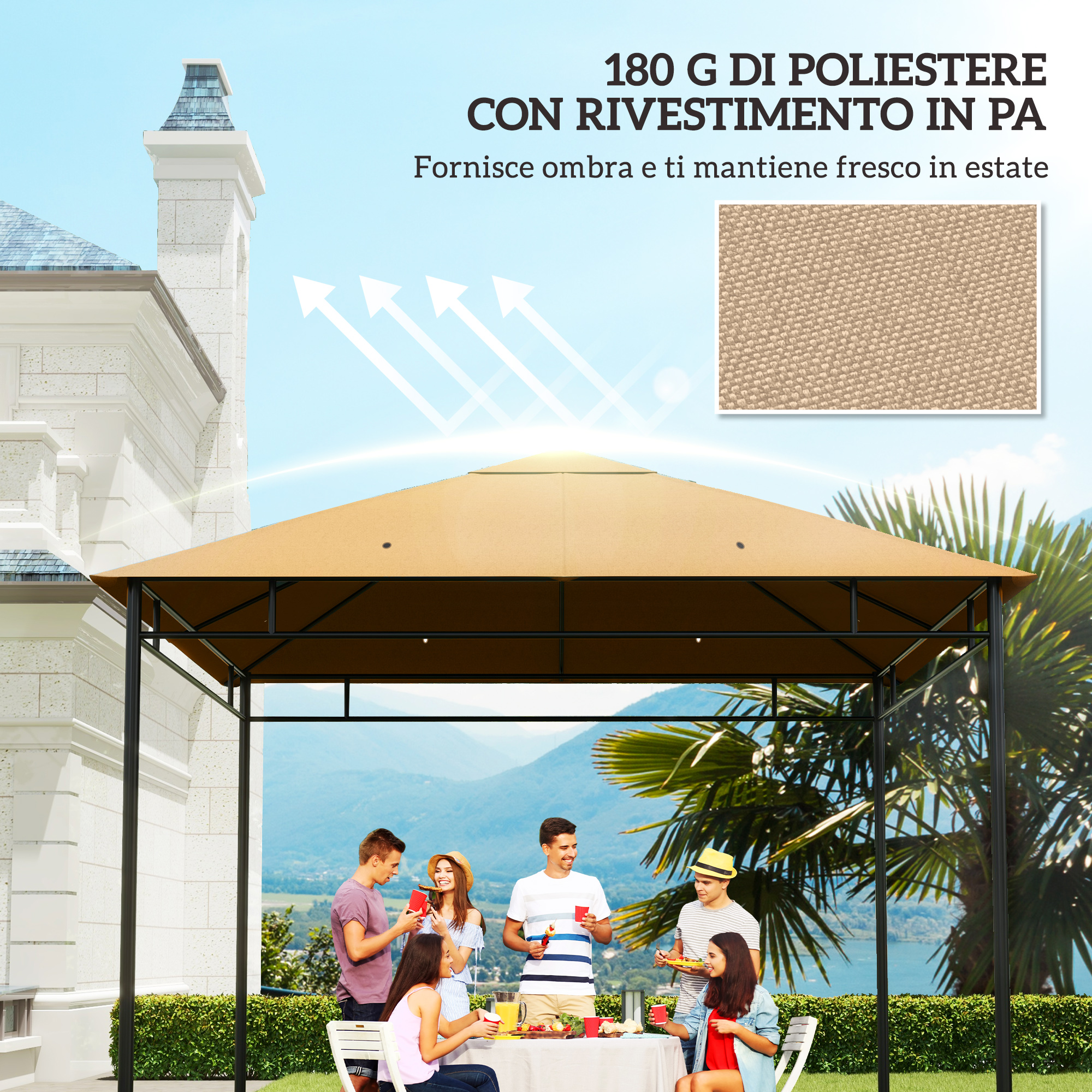 Persone fanno picnic sotto un gazebo marrone con montagne e lago sullo sfondo.