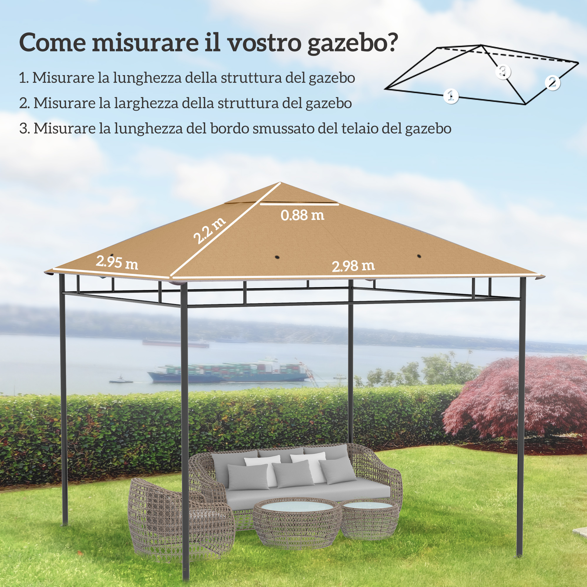 Un gazebo marrone con posti a sedere in giardino. Misure indicate.
