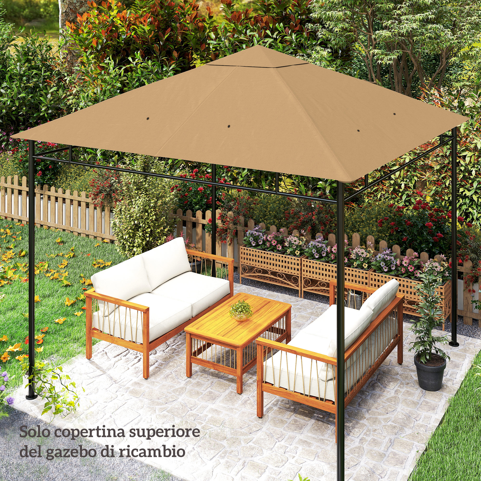 Una copertura per gazebo color cuoio su due divani bianchi e un tavolino in legno.