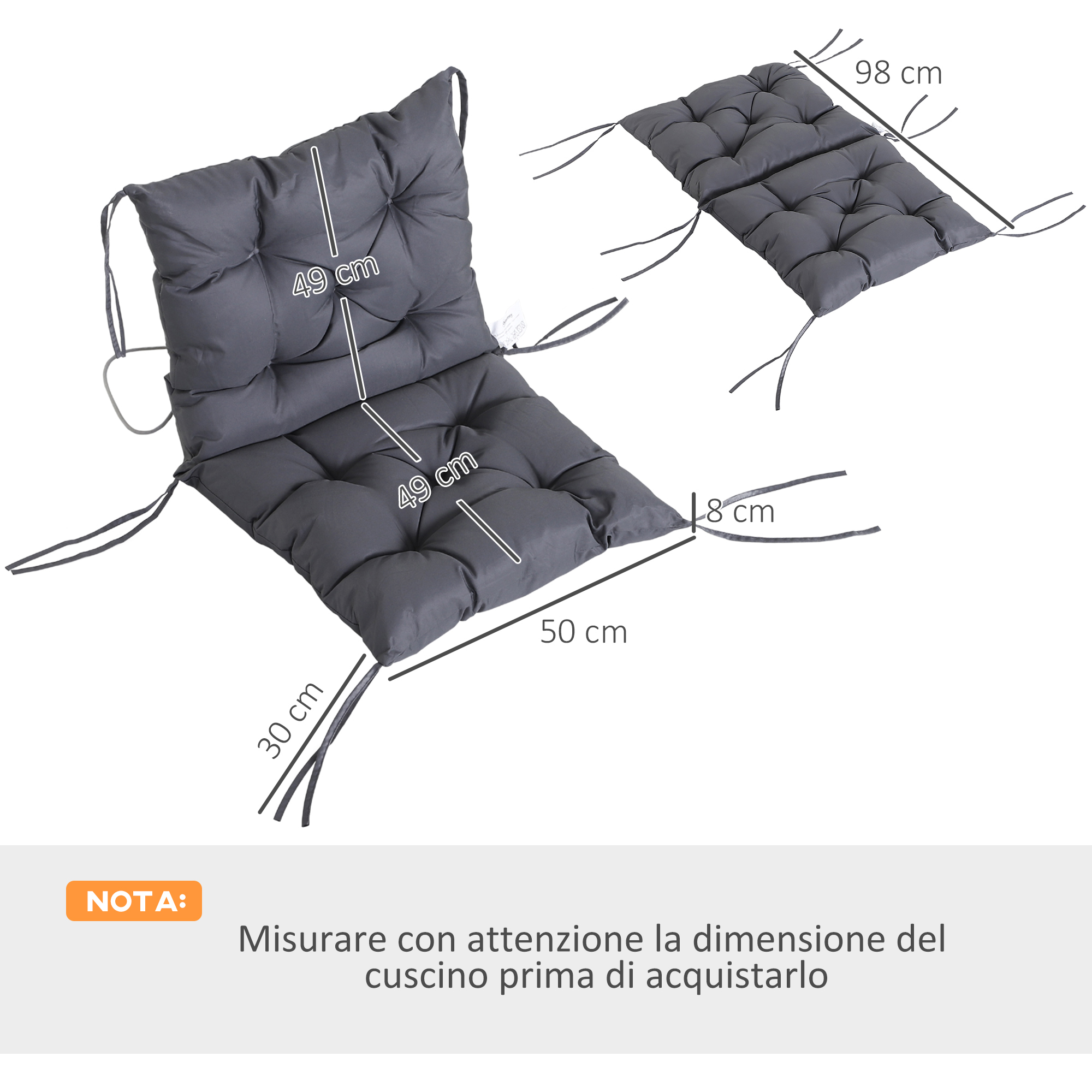 Cuscino grigio con misure: 49x49 cm, 50 cm lungo, 30 cm largo, 8 cm spesso. 98 cm lungo.