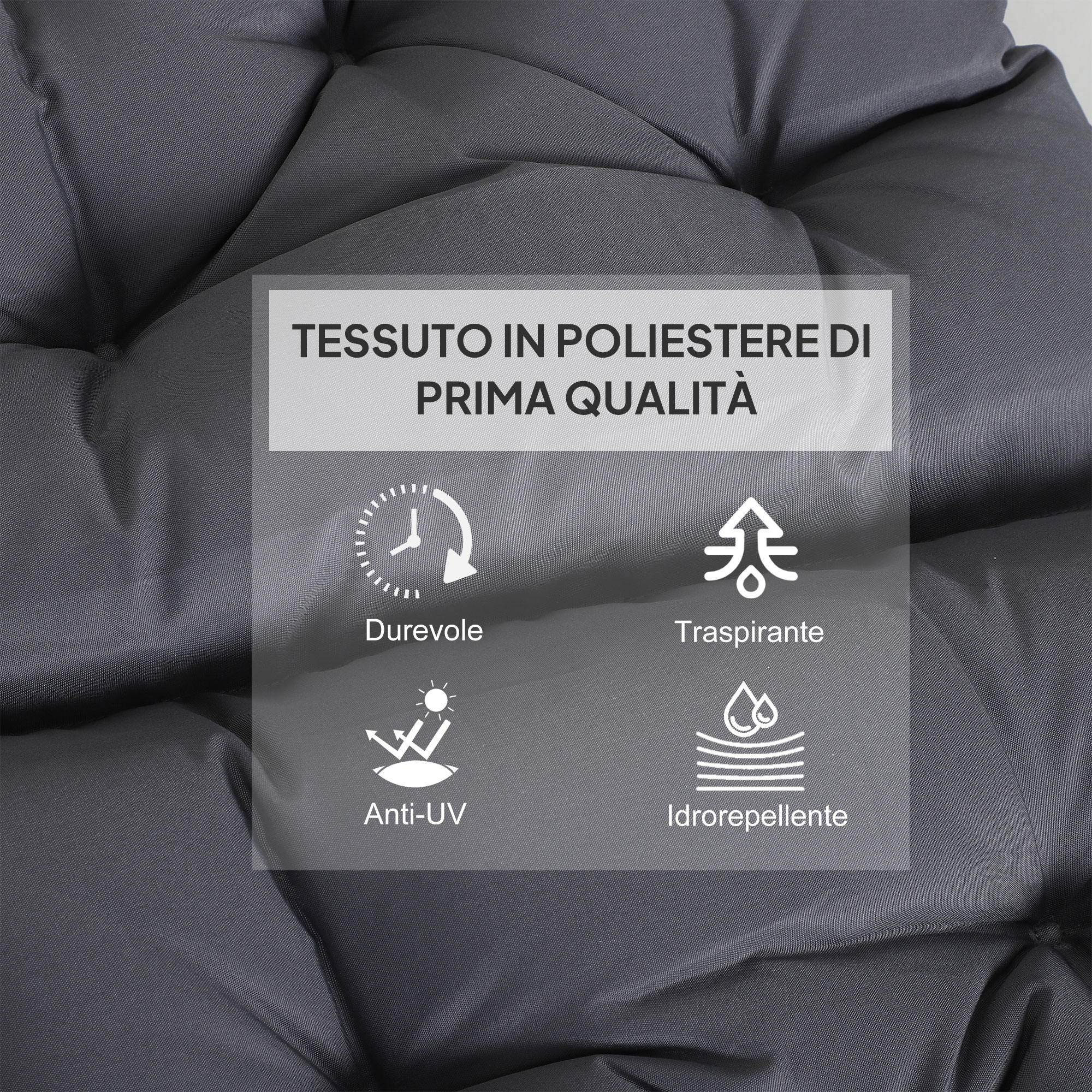 Tessuto grigio scuro con icone per durabilità, traspirabilità, protezione UV e idrorepellenza.