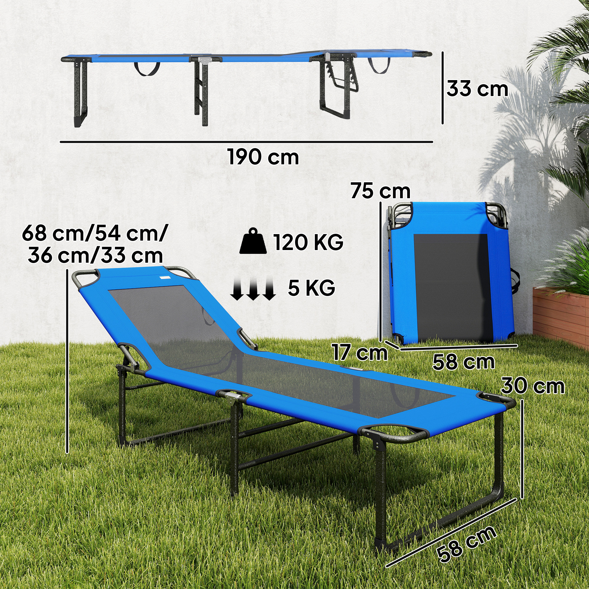 Lettino pieghevole blu e nero, 190x75x33cm, portata 120kg.