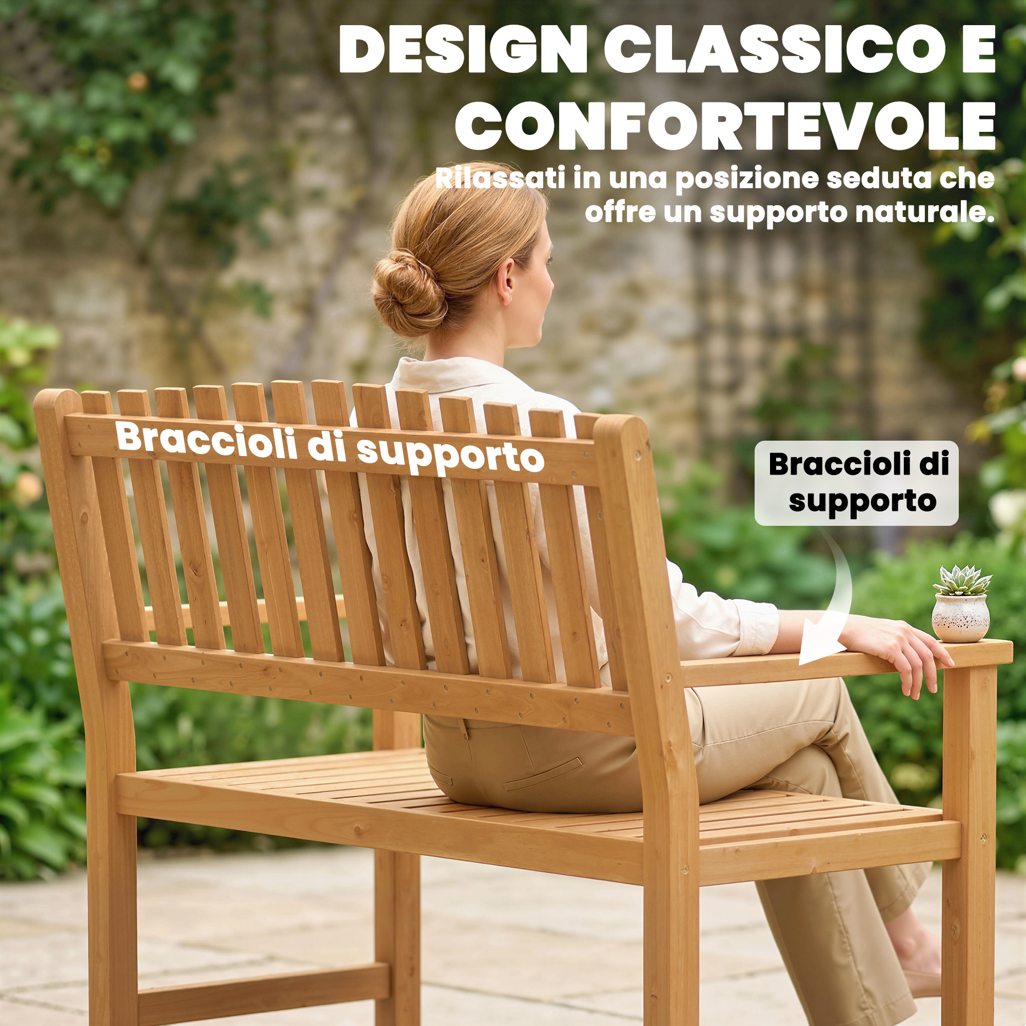 Donna seduta su una panchina di legno all'aperto, con testo sul comfort.