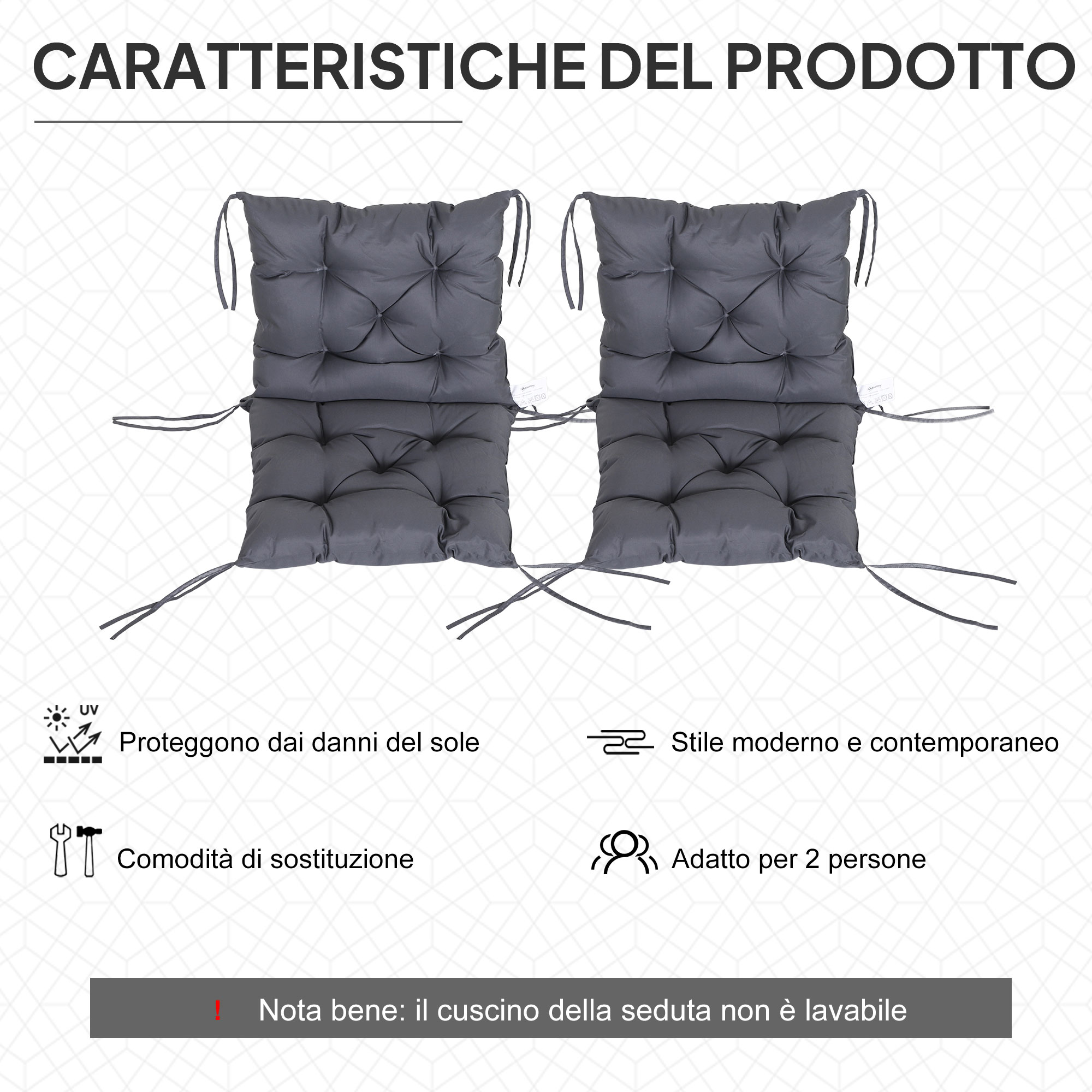 Due cuscini grigi con lacci, protezione UV, stile moderno, per 2 persone.