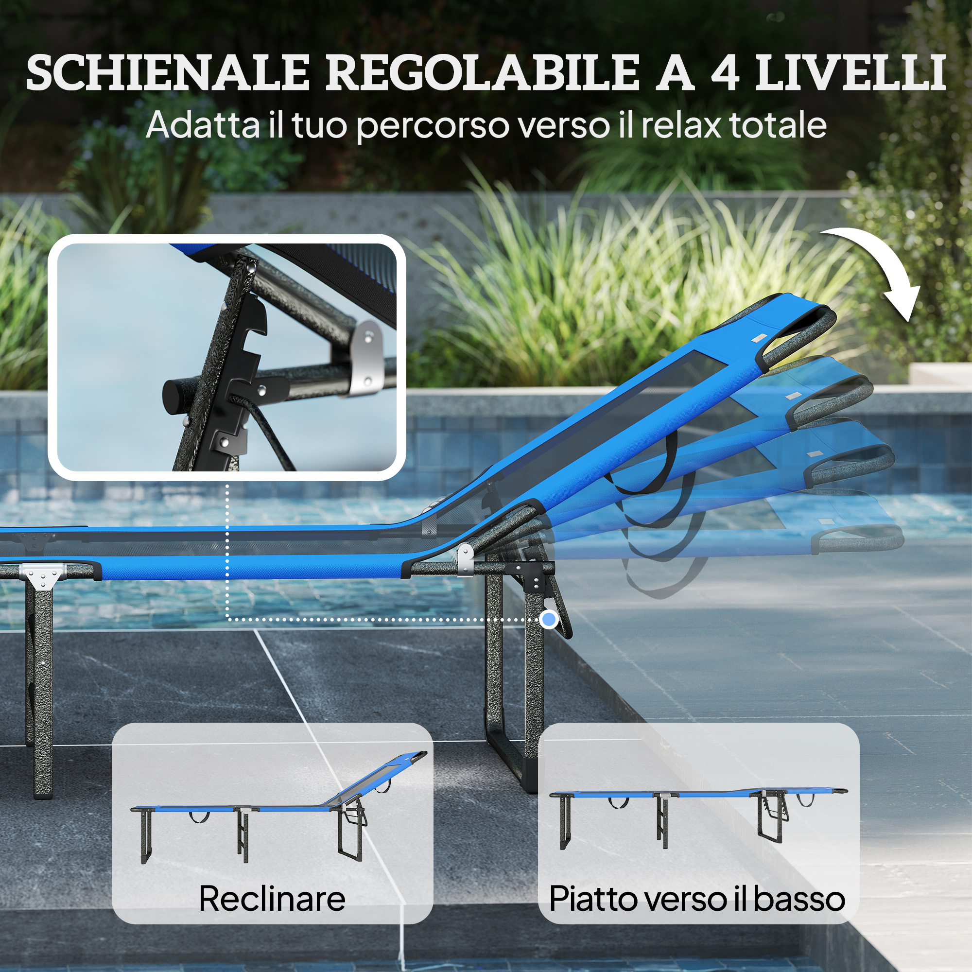 Sdraiola blu regolabile vicino a una piscina con diverse opzioni di reclinazione.