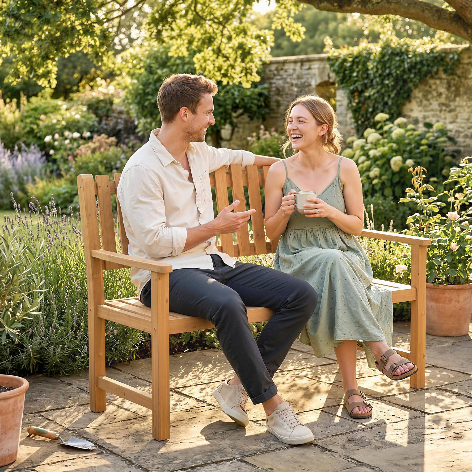 Un uomo e una donna siedono su una panchina di legno in un giardino, parlando.
