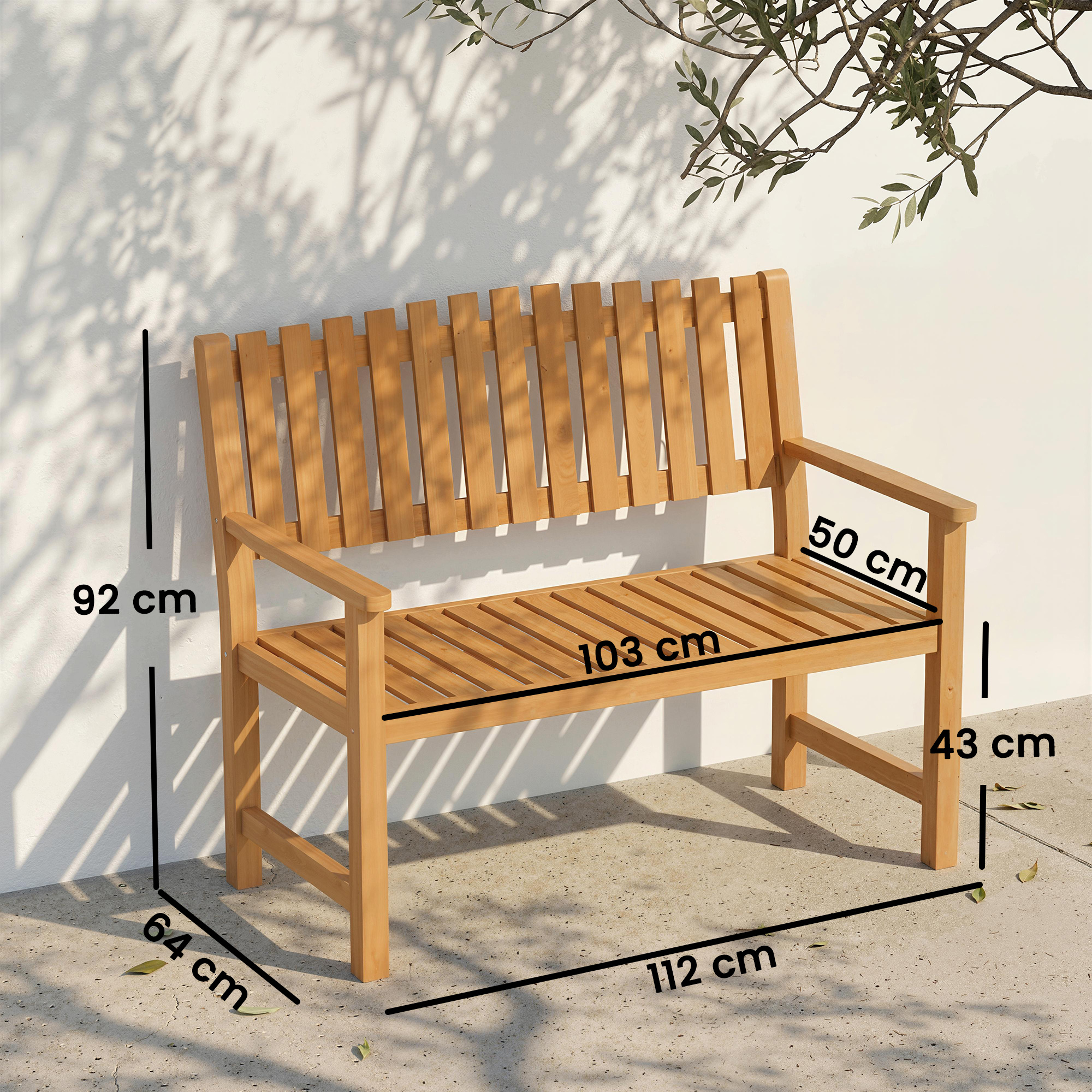Una panchina da giardino in legno con dimensioni: 112cm largh., 92cm alt., 50cm prof.