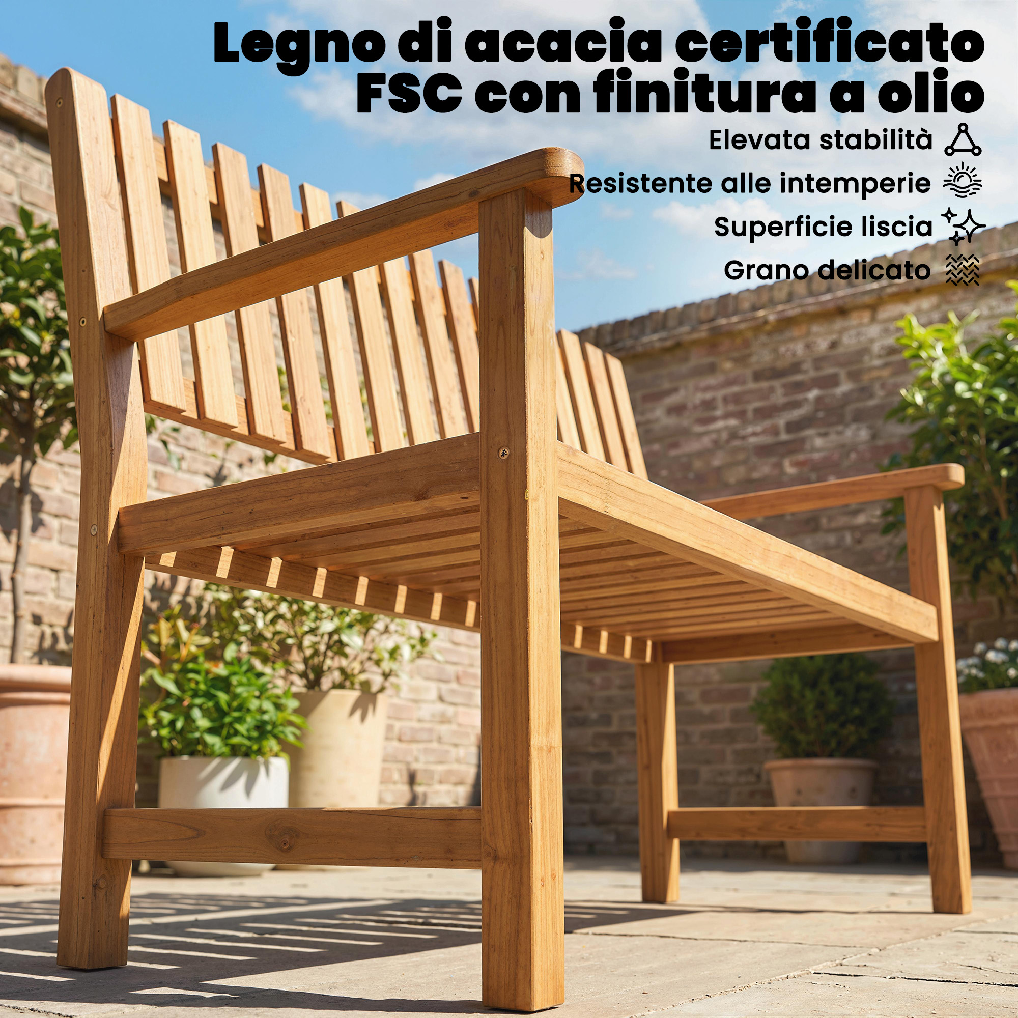 Una panca da giardino in legno di acacia certificato FSC con finitura olio.