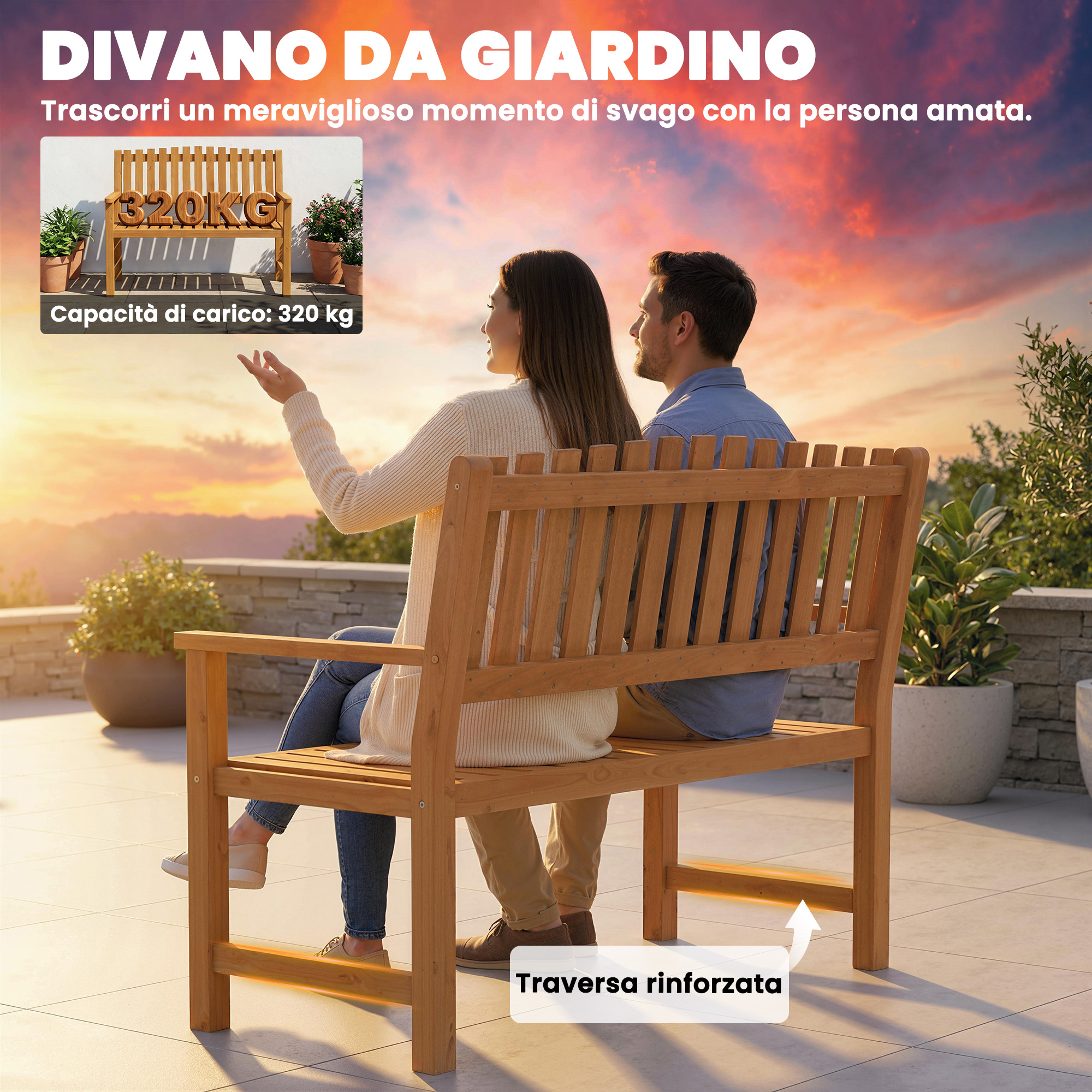 Una coppia seduta su una panchina da giardino in legno all'aperto al tramonto.
