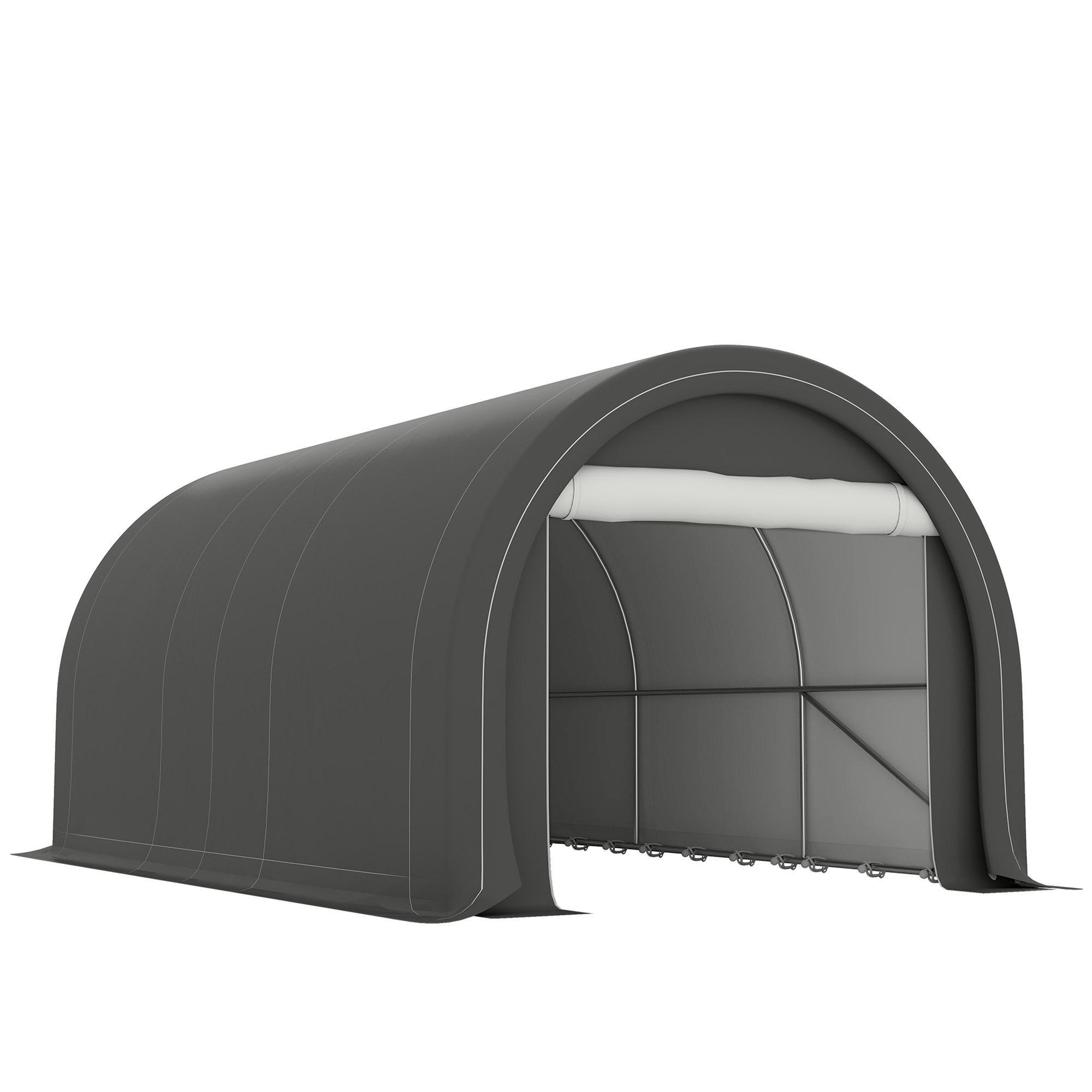 Una tenda grigia ad arco con fronte aperto, mostrata su sfondo bianco.