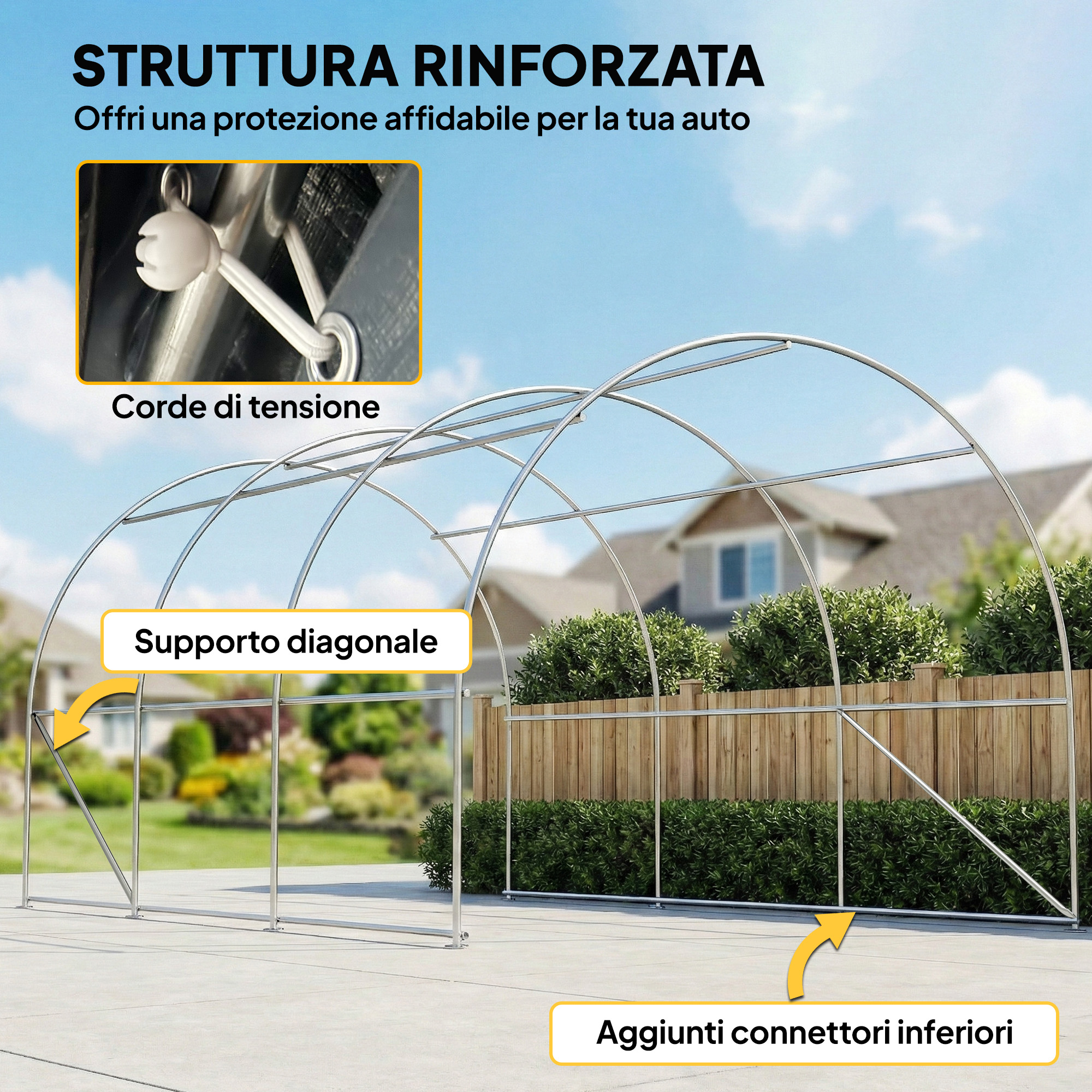 Struttura rinforzata con corde, supporto diagonale e connettori inferiori.