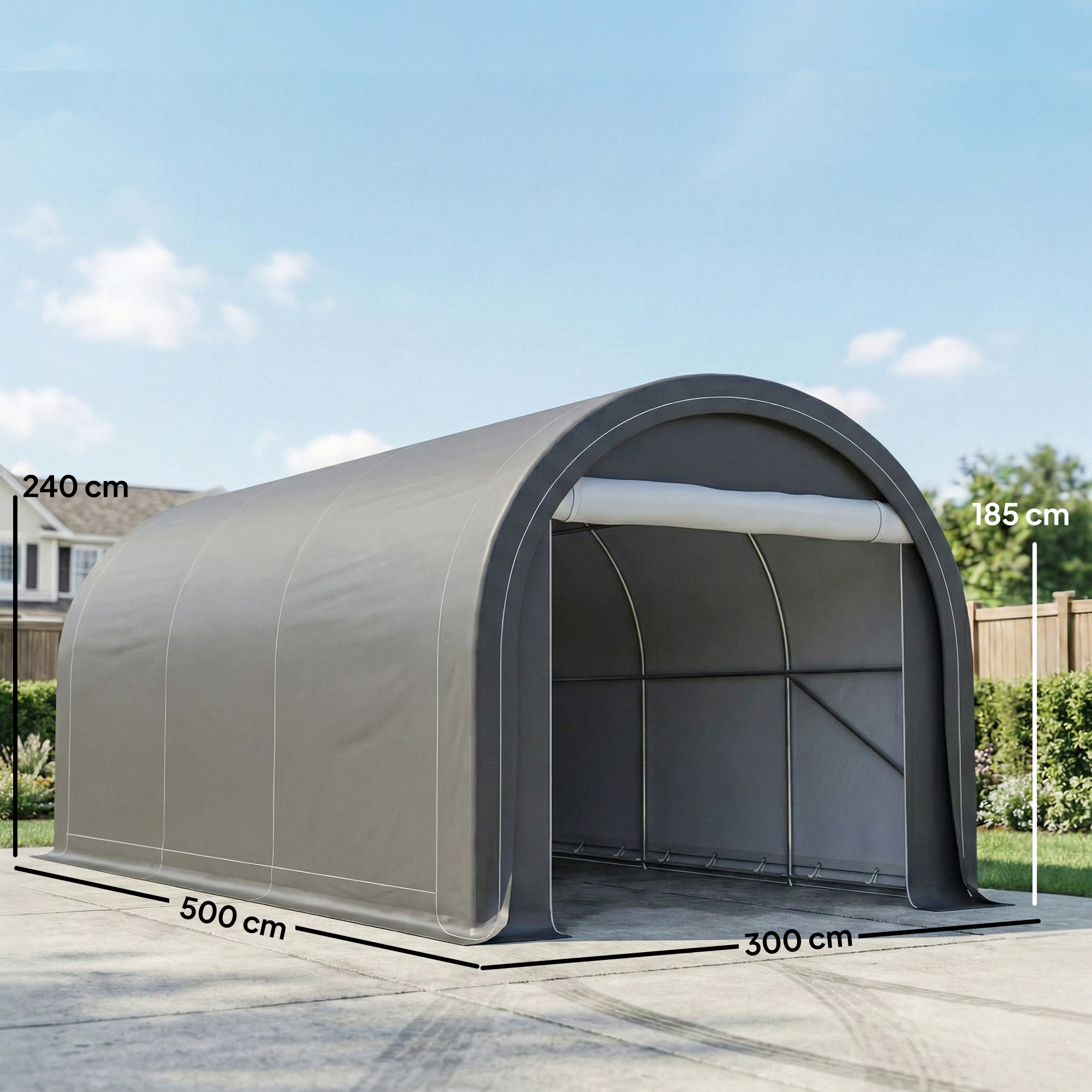 Una tenda grigia arcuata di 500x300x240cm si trova su una superficie di cemento.