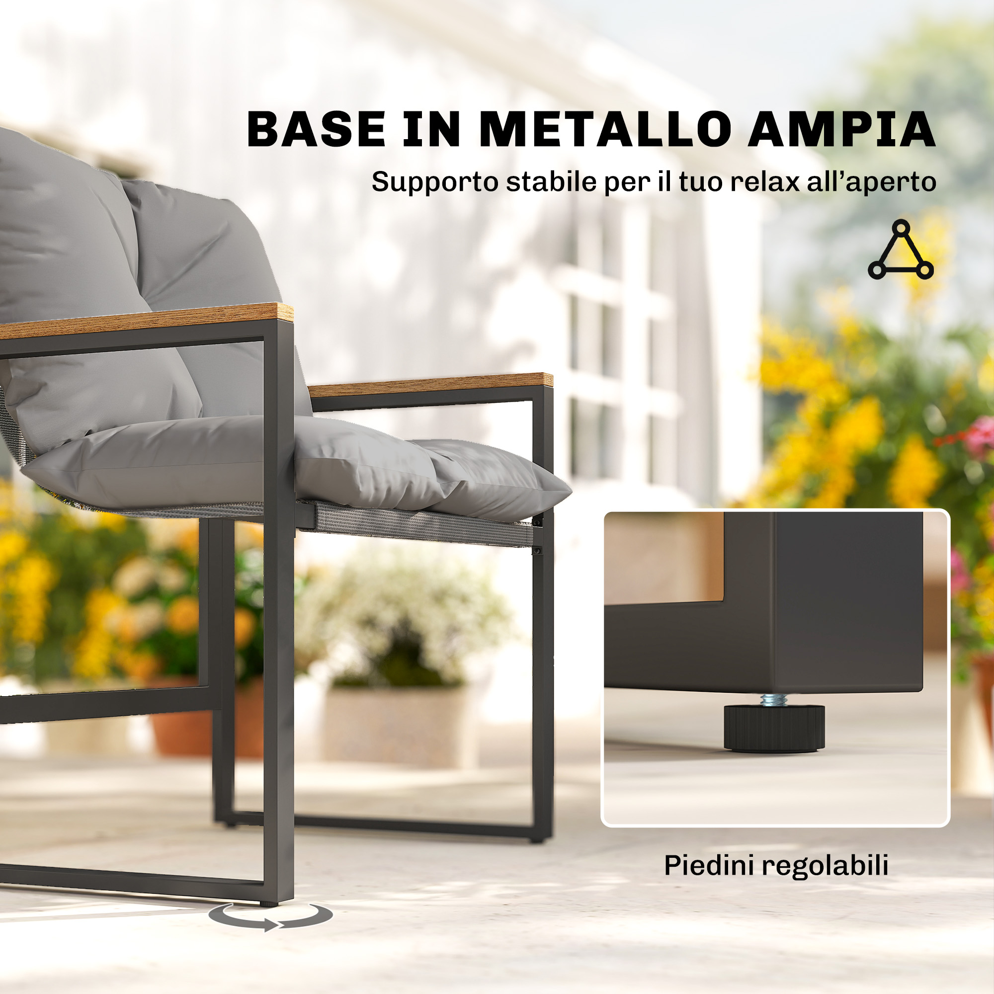 Poltrona grigia con ampia base in metallo e piedini regolabili.
