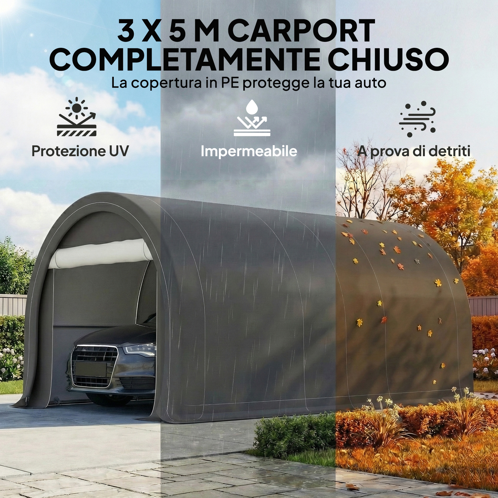 Un carport chiuso 3x5m con auto, protetto da raggi UV, pioggia e detriti.