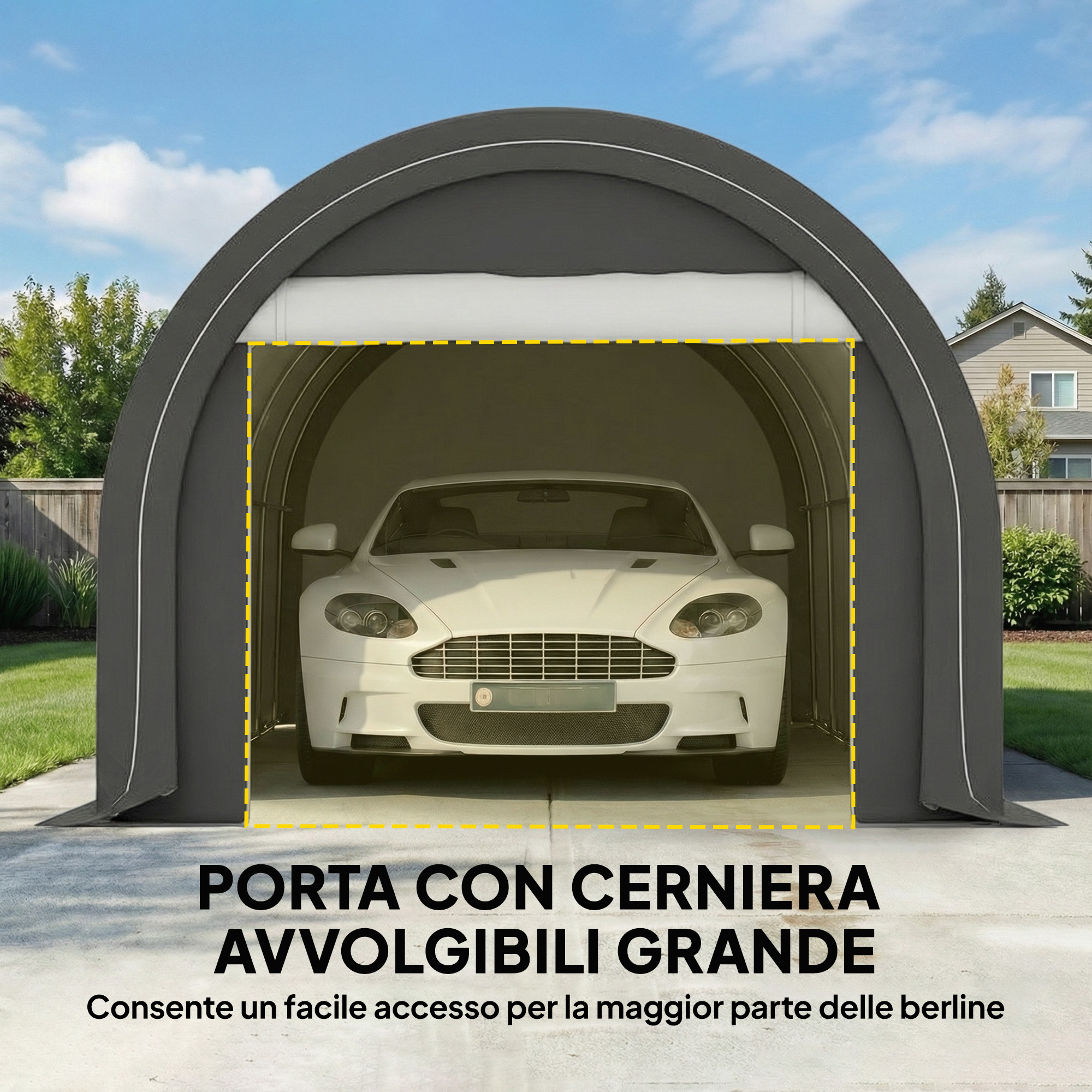 Un'auto bianca è parcheggiata in un carport grigio sotto il cielo.
