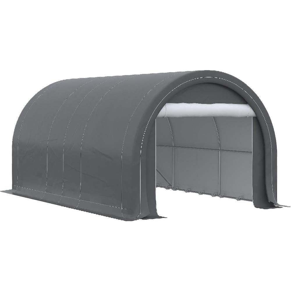 Struttura a tenda grigia semicircolare con ingresso aperto e telaio metallico.
