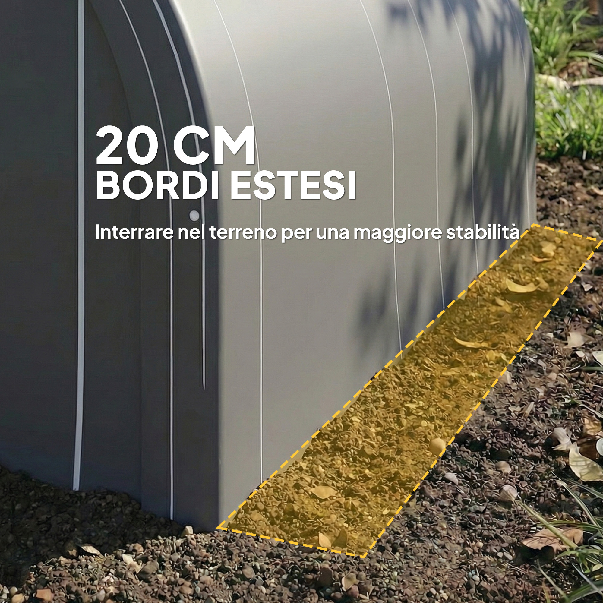 Contenitore grigio con linea gialla che indica un bordo esteso 20 cm.