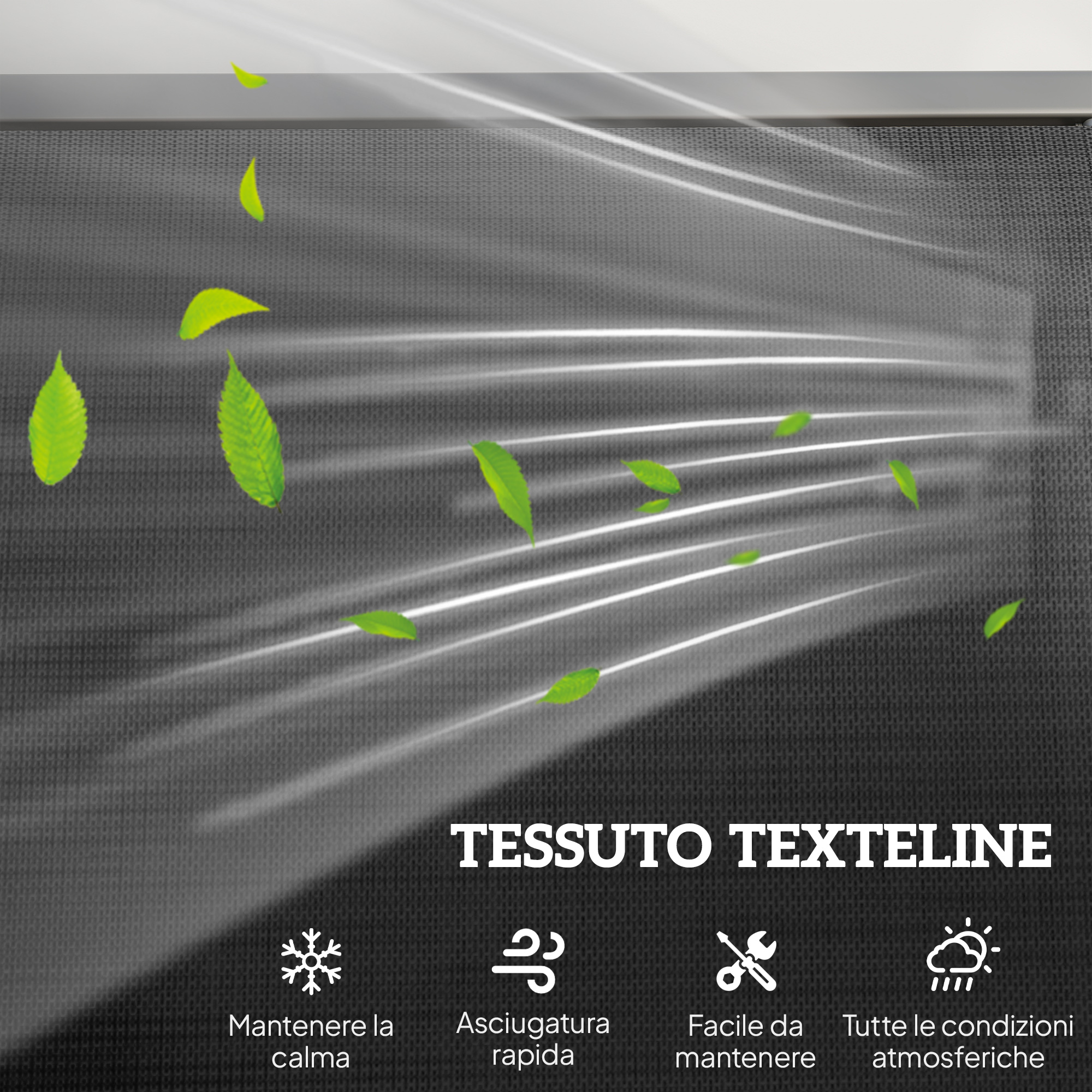 Foglie verdi soffiano nel vento su tessuto Textilene grigio con linee.