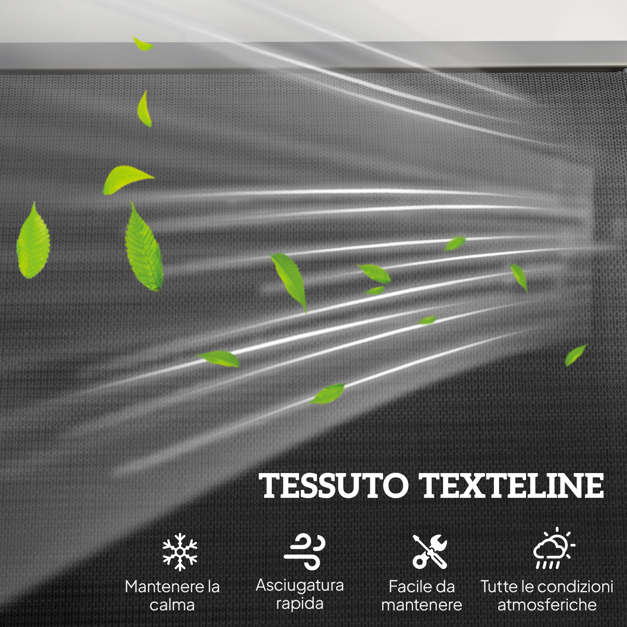 Tessuto grigio con foglie verdi e linee di flusso d'aria bianche.