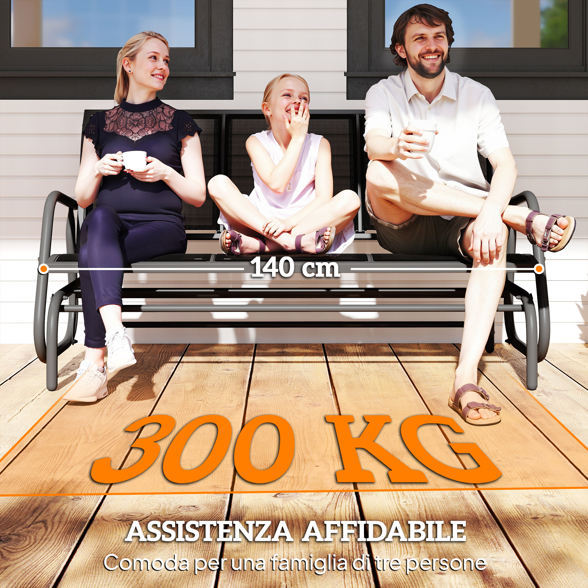 Famiglia su panca esterna, larga 140 cm, cap. 300 kg.