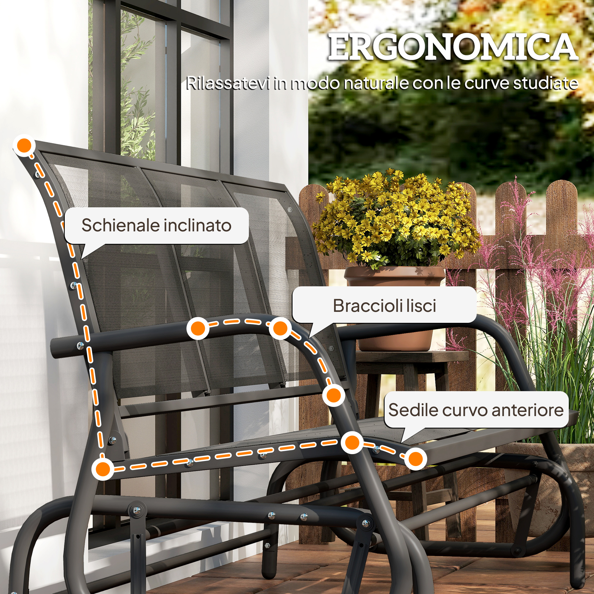 Una poltrona a dondolo grigia dal design ergonomico all'aperto.