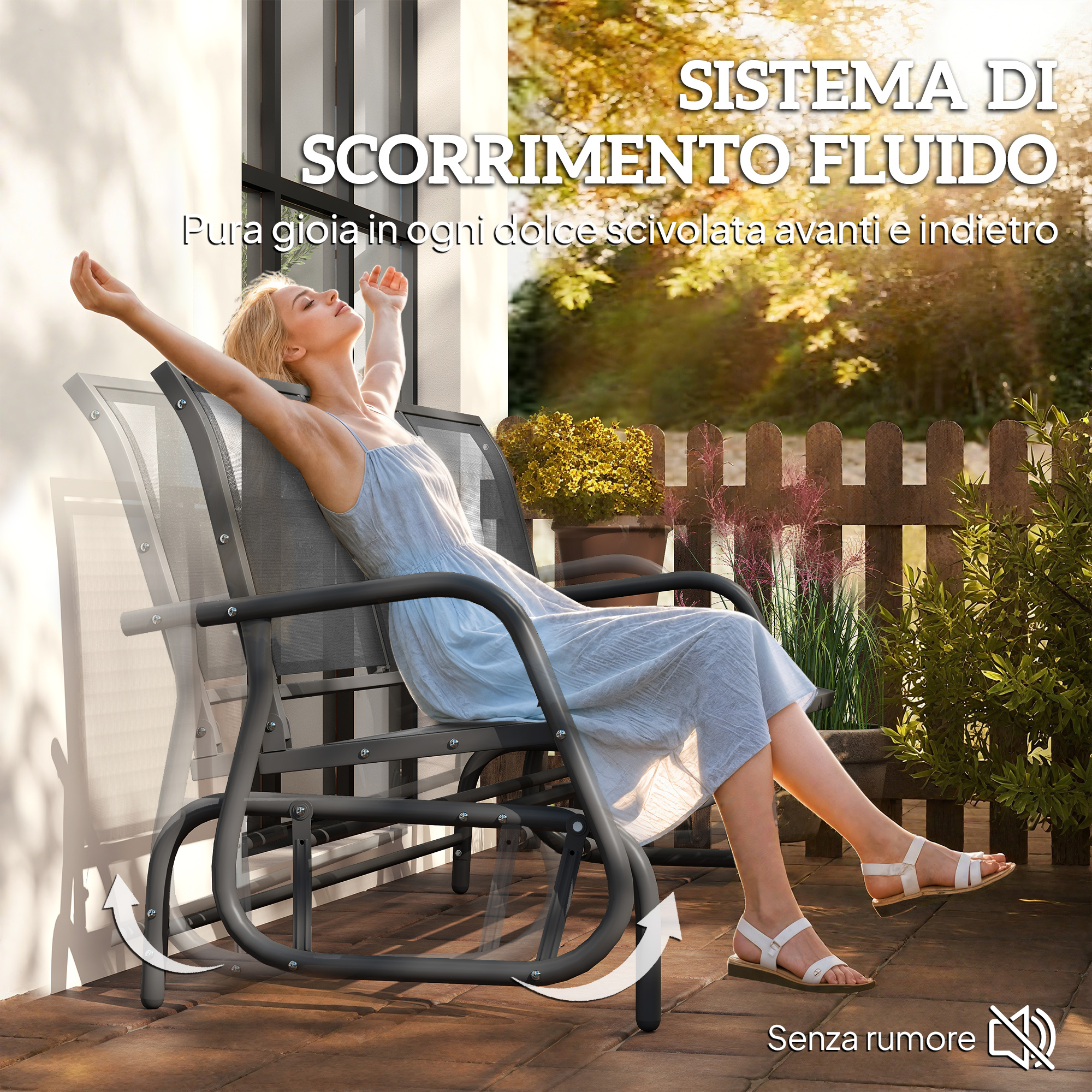 Una donna si rilassa su una sedia a dondolo da giardino, baciata dal sole, con piante.
